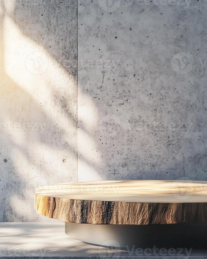 Rustic Wooden Display Platform Against Concrete Wall Sunlit Minimalist Product Photography Background photo