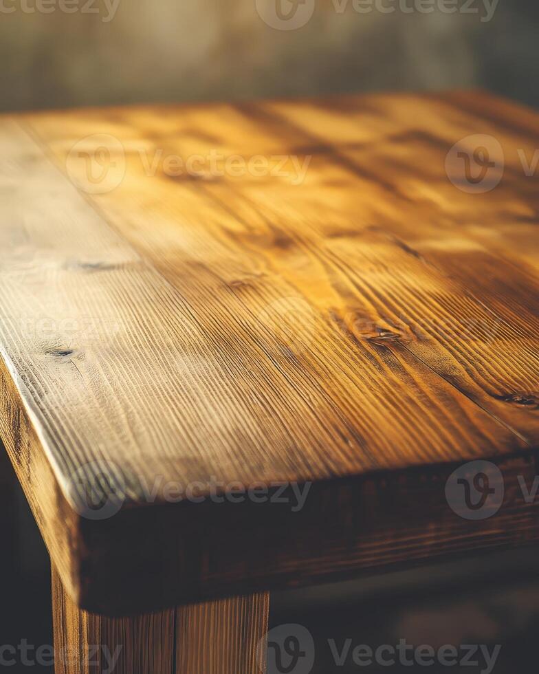 Rustic Wooden Tabletop Warm Brown Wood Grain Texture, Natural Light, Closeup View photo