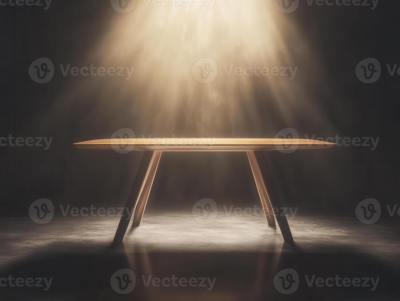 A Spotlight Illuminates a Simple Wooden Table in a Dark Room Minimalist Interior Design and Product Photography photo