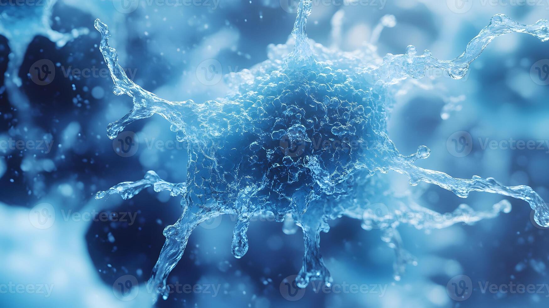 Medical virus cell rendered in light blue shows detailed microscopic view with crystalline structure, featuring volumetric lighting and sophisticated molecular details. volumetric photo