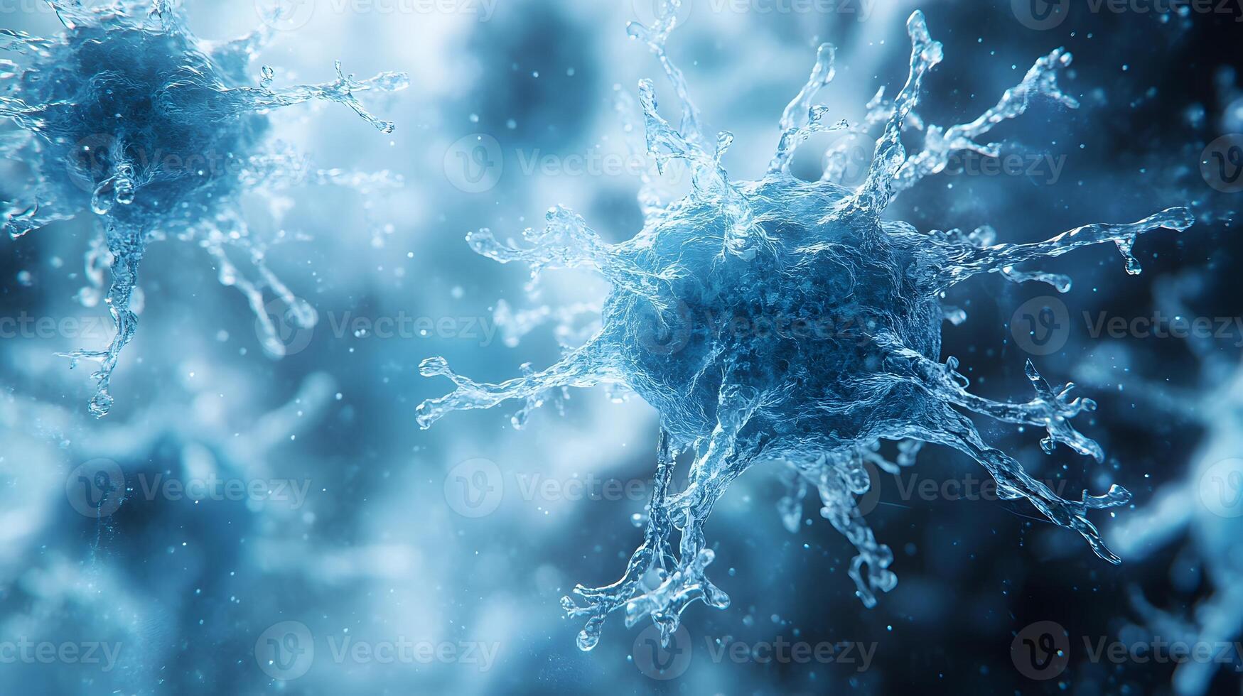 Medical virus cell rendered in light blue shows detailed microscopic view with crystalline structure, featuring volumetric lighting and sophisticated molecular details. biological photo