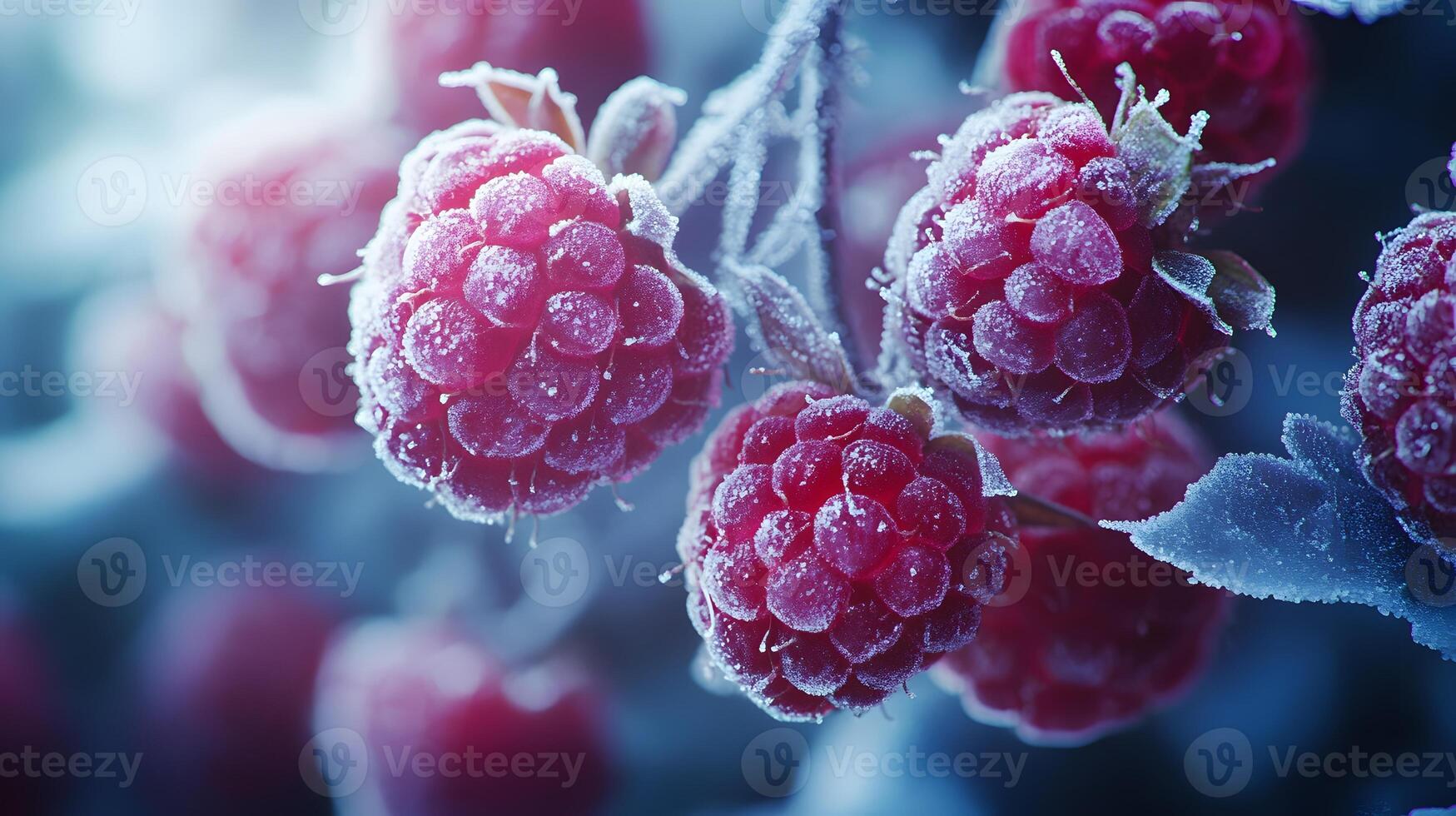 Close-up view captures fresh frozen raspberries with crystalline frost texture, displaying vibrant red berries against moody dark background with natural lighting effects. winter photo