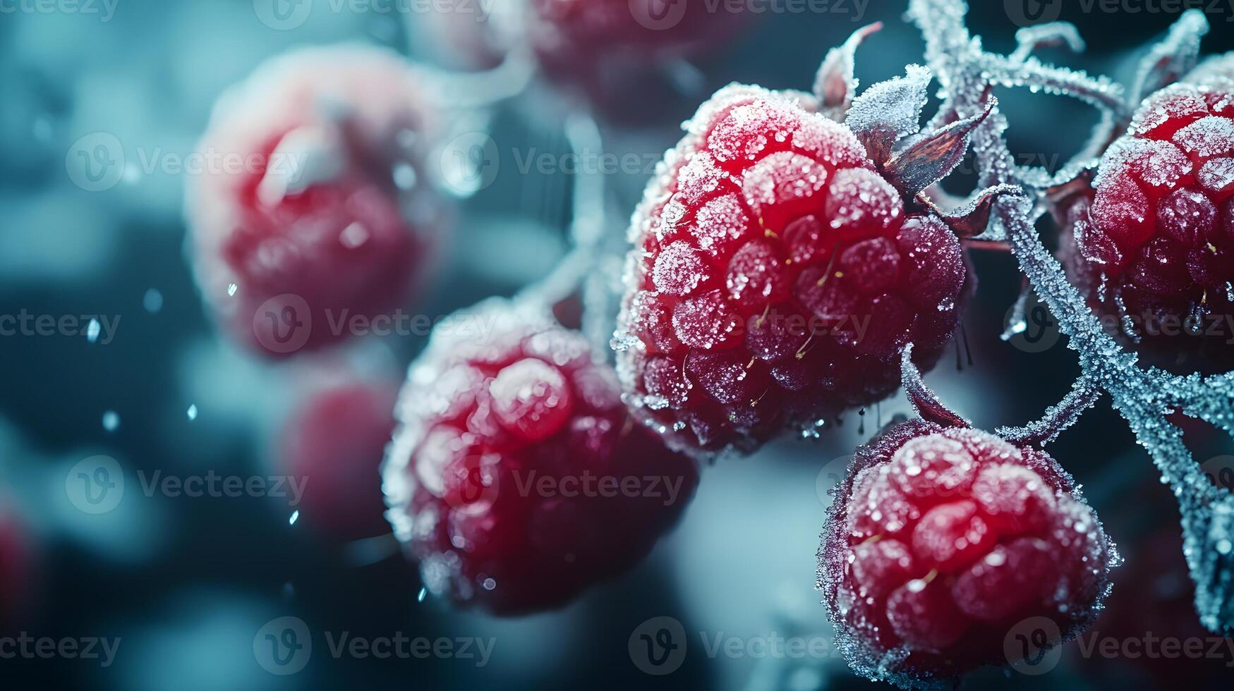 Close-up view captures fresh frozen raspberries with crystalline frost texture, displaying vibrant red berries against moody dark background with natural lighting effects. seasonal photo