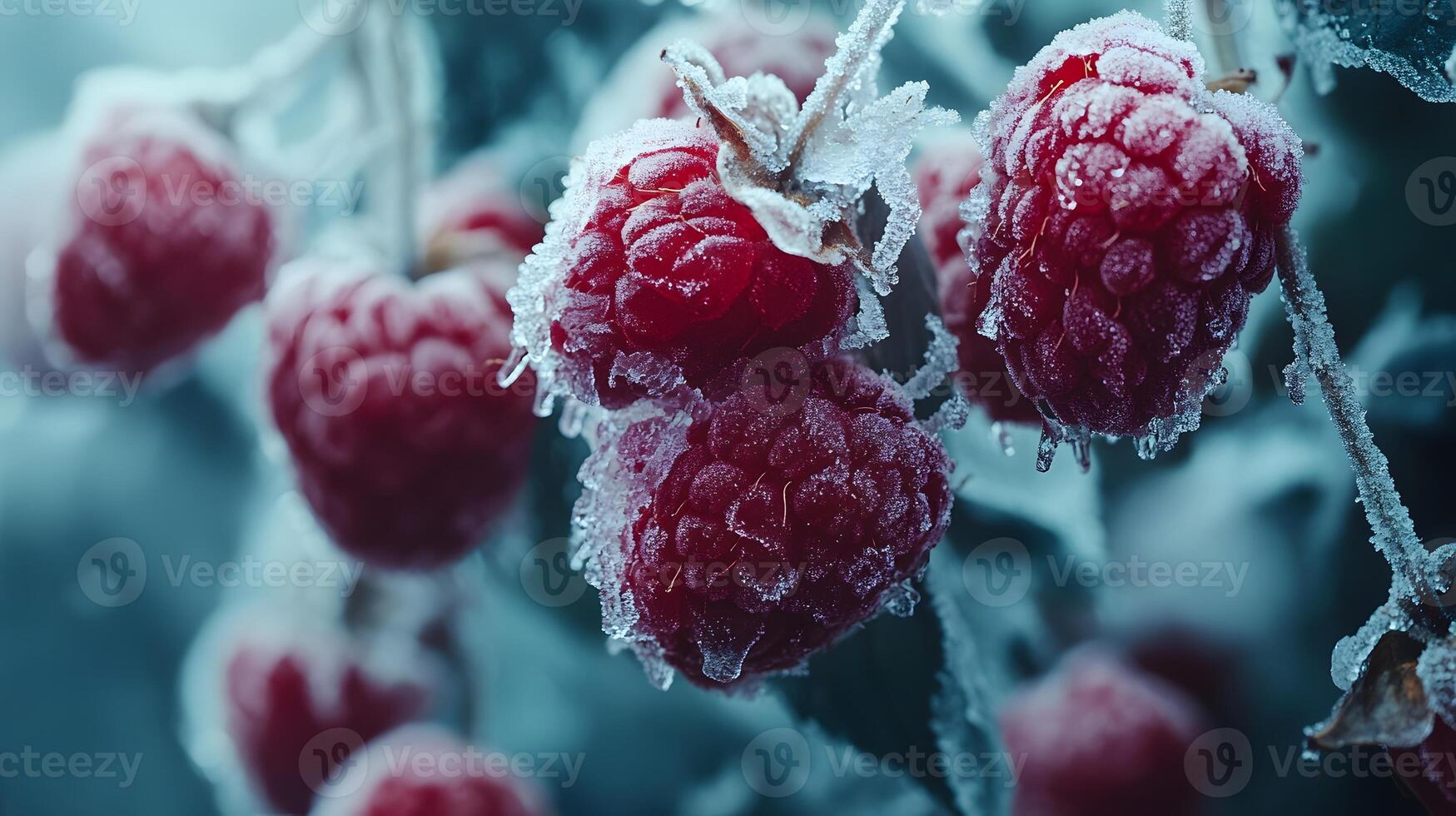 Close-up view captures fresh frozen raspberries with crystalline frost texture, displaying vibrant red berries against moody dark background with natural lighting effects. fruit photo
