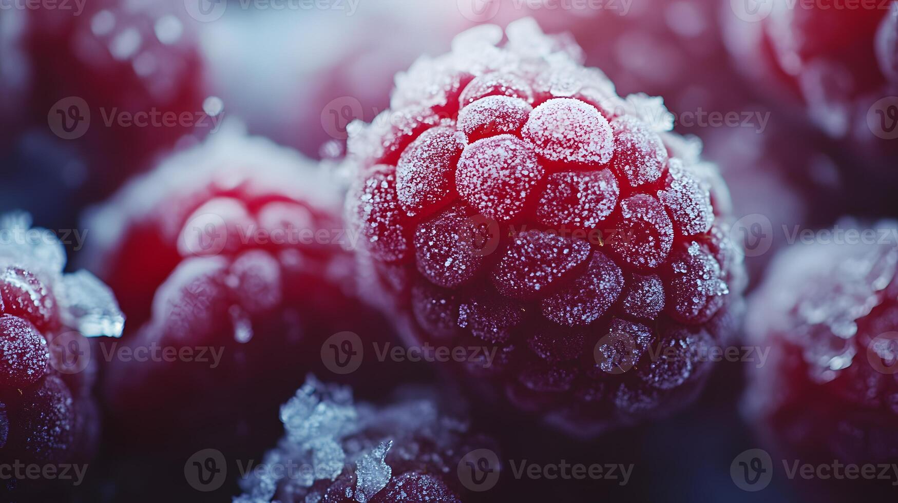 Close-up view captures fresh frozen raspberries with crystalline frost texture, displaying vibrant red berries against moody dark background with natural lighting effects. juicy photo