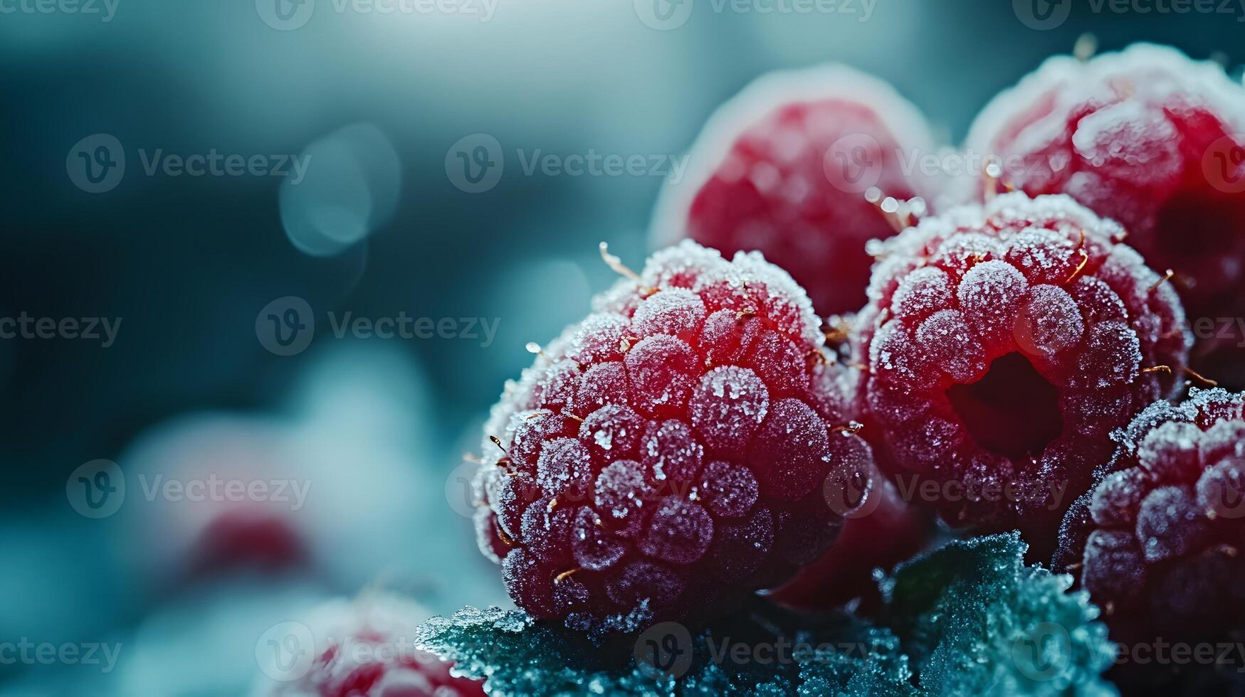 Close-up view captures fresh frozen raspberries with crystalline frost texture, displaying vibrant red berries against moody dark background with natural lighting effects. succulent photo