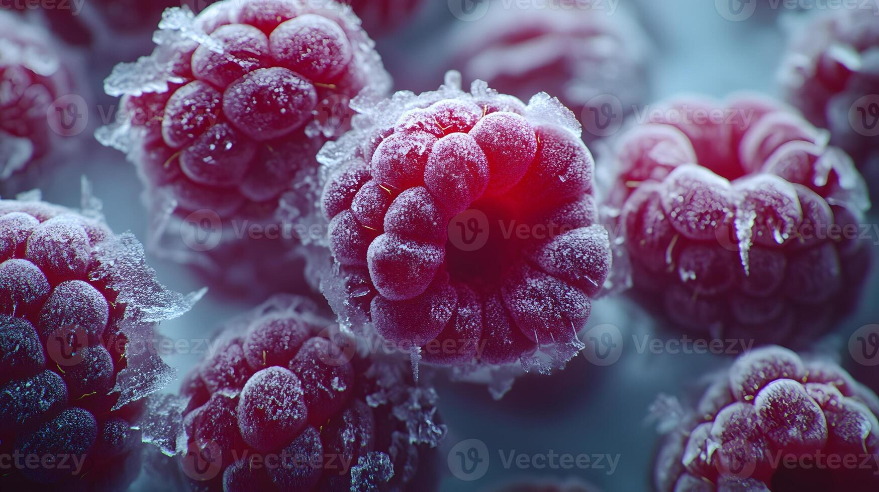 Close-up view captures fresh frozen raspberries with crystalline frost texture, displaying vibrant red berries against moody dark background with natural lighting effects. botanical photo