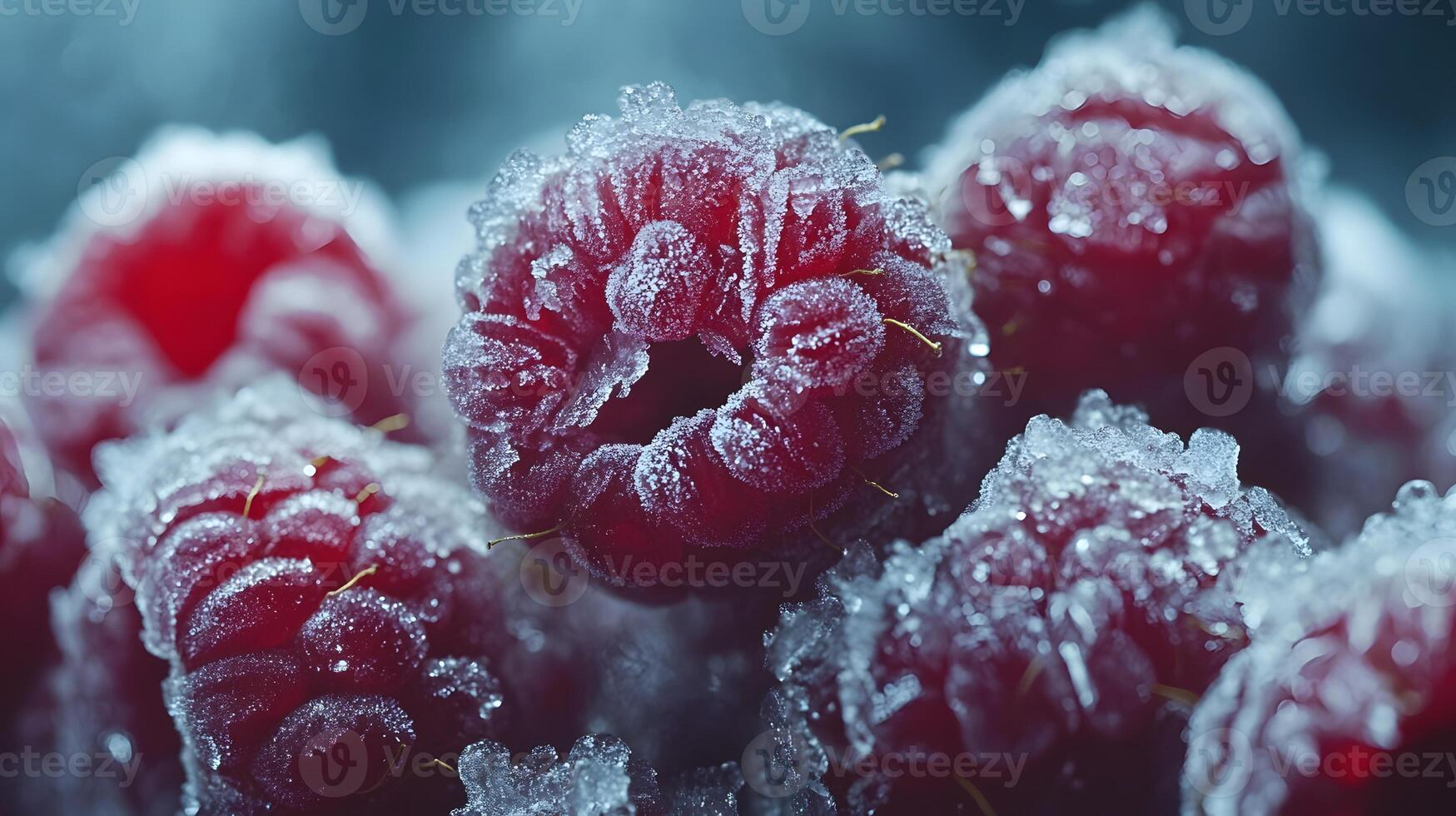 Close-up view captures fresh frozen raspberries with crystalline frost texture, displaying vibrant red berries against moody dark background with natural lighting effects. raspberry photo