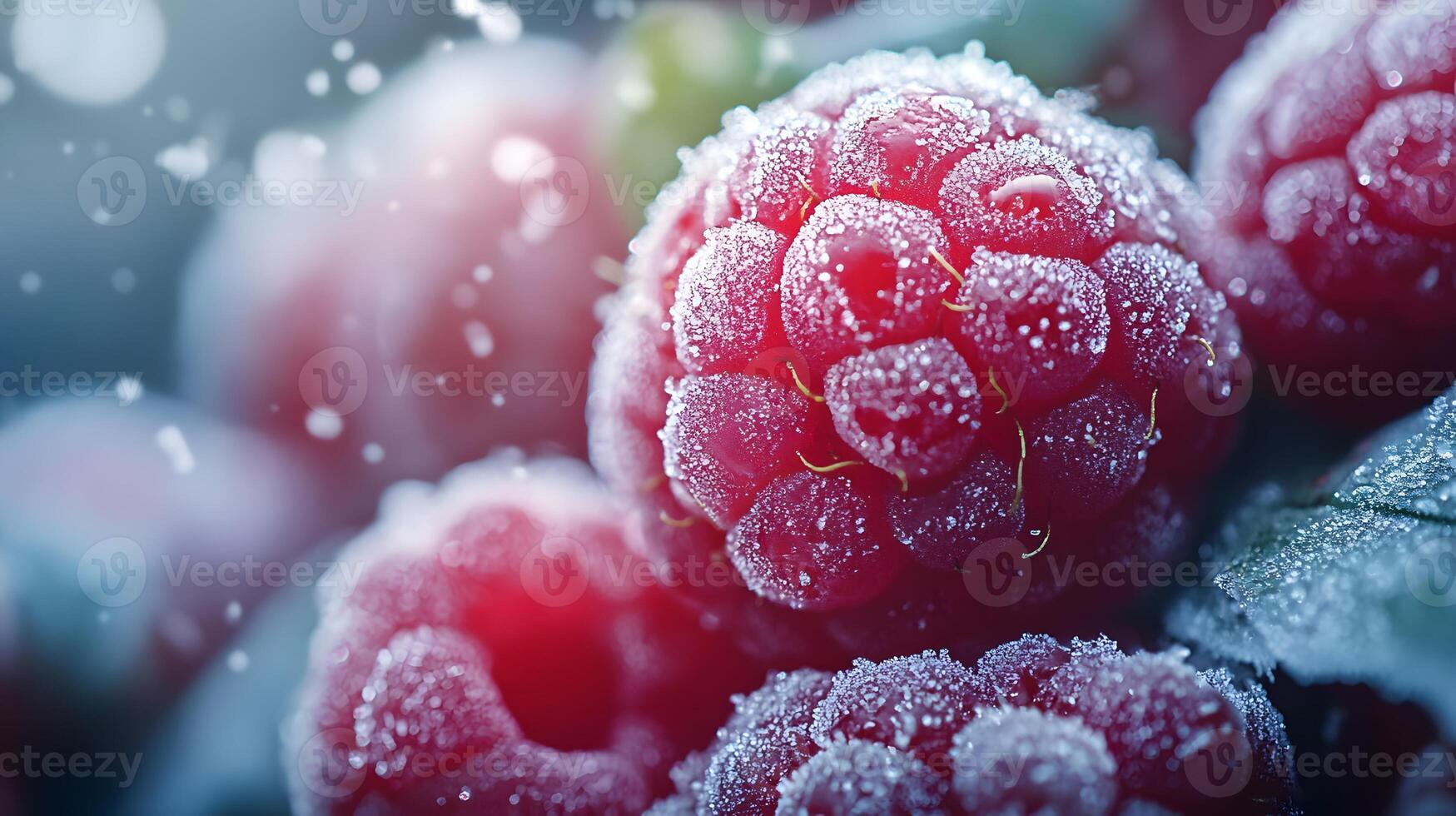 Close-up view captures fresh frozen raspberries with crystalline frost texture, displaying vibrant red berries against moody dark background with natural lighting effects. crystalline photo