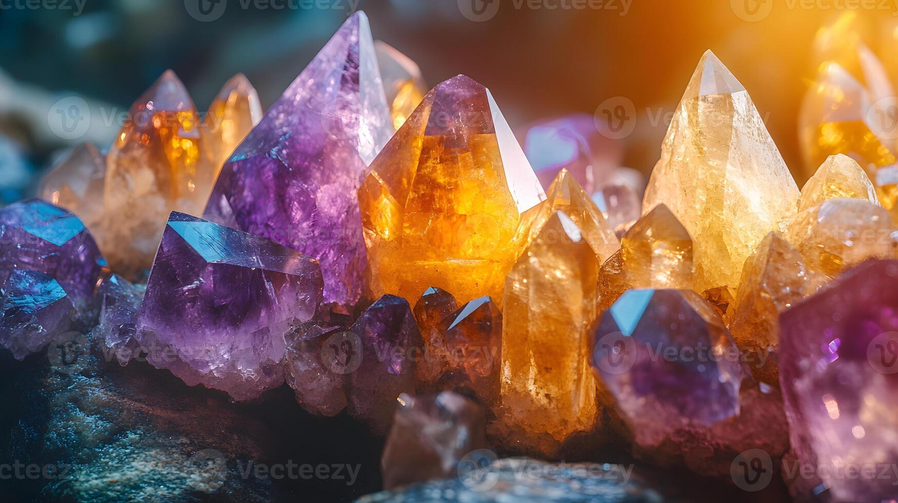 Crystal minerals display vibrant formations of amethyst, quartz, and citrine with natural light refraction, showcasing rough textures and iridescent surfaces in a mystical cluster arrangement. irides photo
