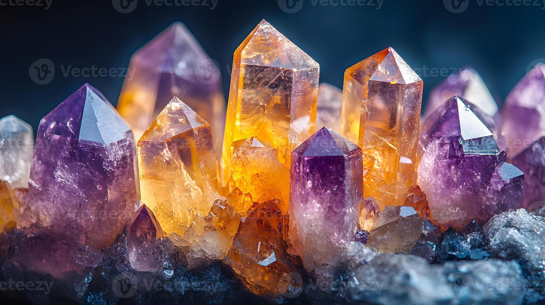 Crystal minerals display vibrant formations of amethyst, quartz, and citrine with natural light refraction, showcasing rough textures and iridescent surfaces in a mystical cluster arrangement. surfac photo