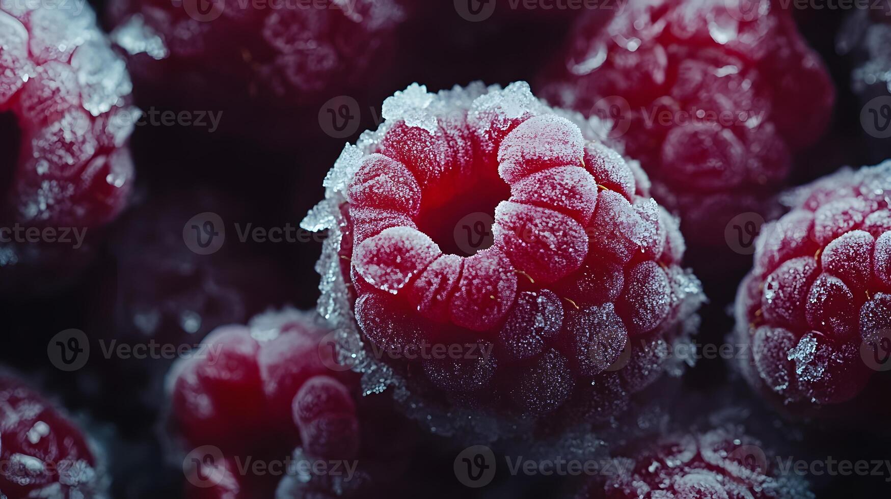 Close-up view captures fresh frozen raspberries with crystalline frost texture, displaying vibrant red berries against moody dark background with natural lighting effects. berry photo