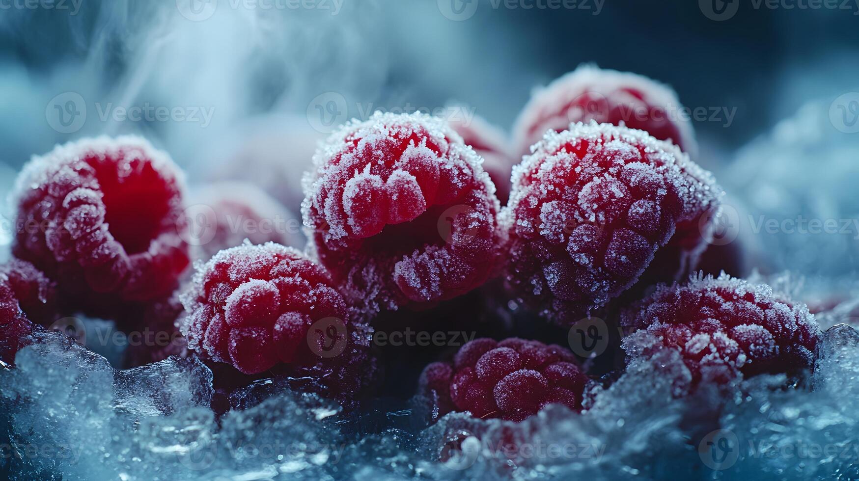 Close-up view captures fresh frozen raspberries with crystalline frost texture, displaying vibrant red berries against moody dark background with natural lighting effects. moody photo