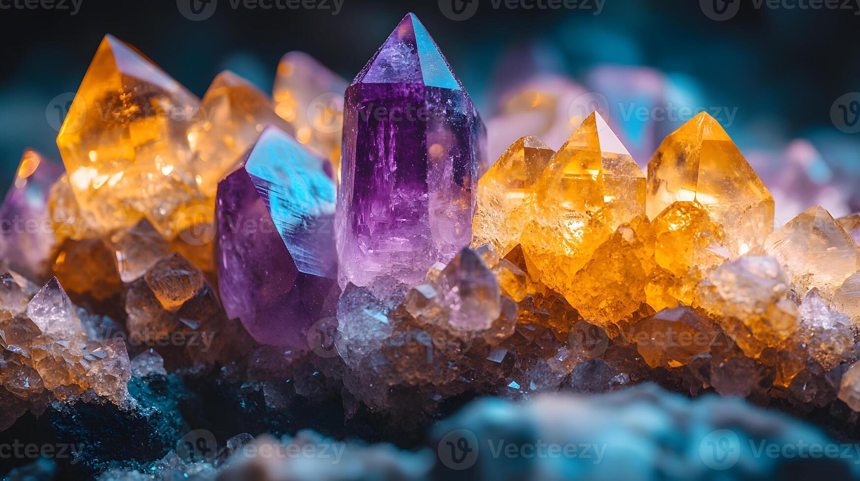 Crystal minerals display vibrant formations of amethyst, quartz, and citrine with natural light refraction, showcasing rough textures and iridescent surfaces in a mystical cluster arrangement. gem photo