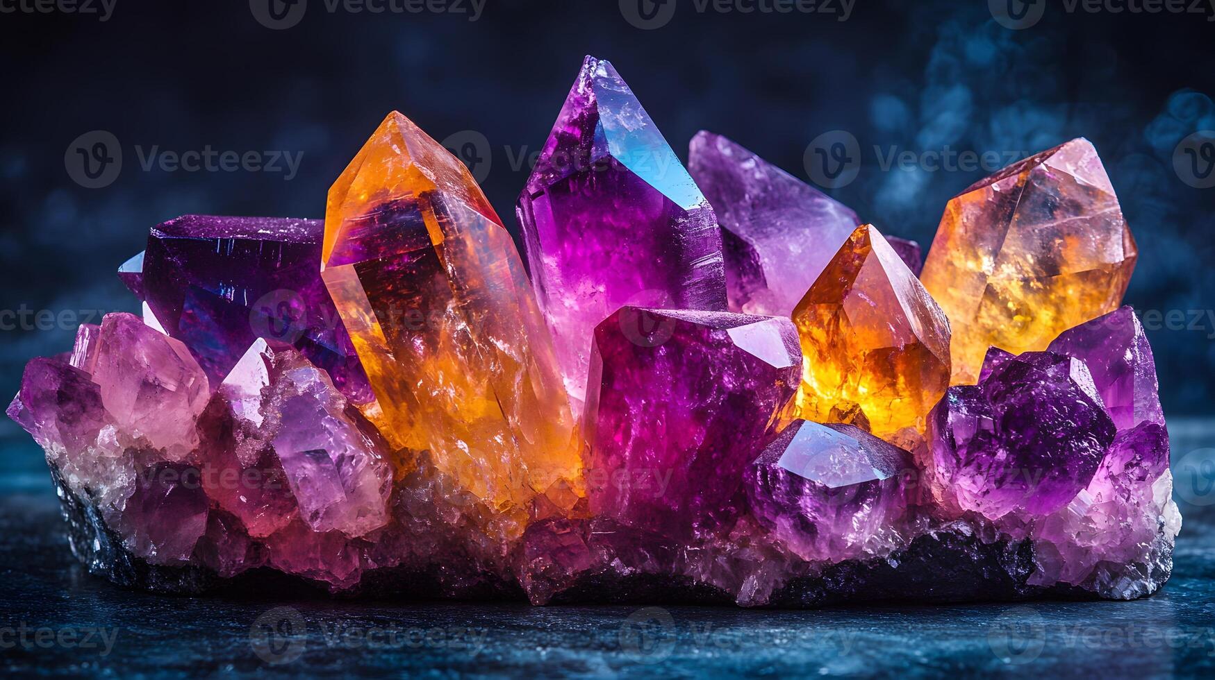 Crystal minerals display vibrant formations of amethyst, quartz, and citrine with natural light refraction, showcasing rough textures and iridescent surfaces in a mystical cluster arrangement. sparkl photo
