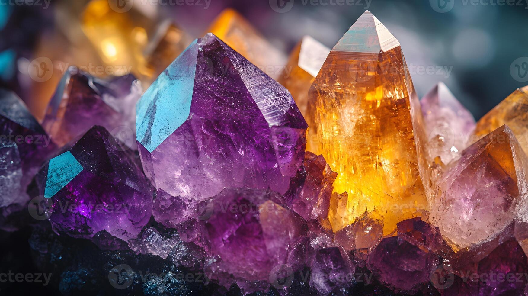 Crystal minerals display vibrant formations of amethyst, quartz, and citrine with natural light refraction, showcasing rough textures and iridescent surfaces in a mystical cluster arrangement. raw photo