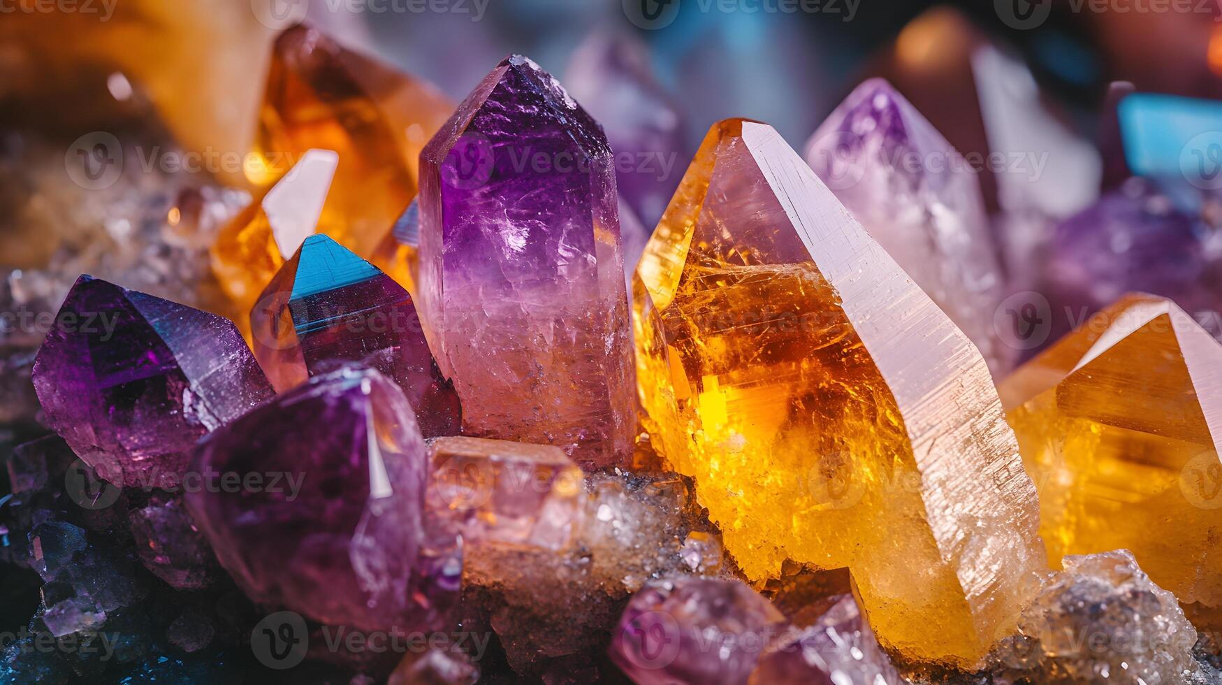 Crystal minerals display vibrant formations of amethyst, quartz, and citrine with natural light refraction, showcasing rough textures and iridescent surfaces in a mystical cluster arrangement. glitte photo