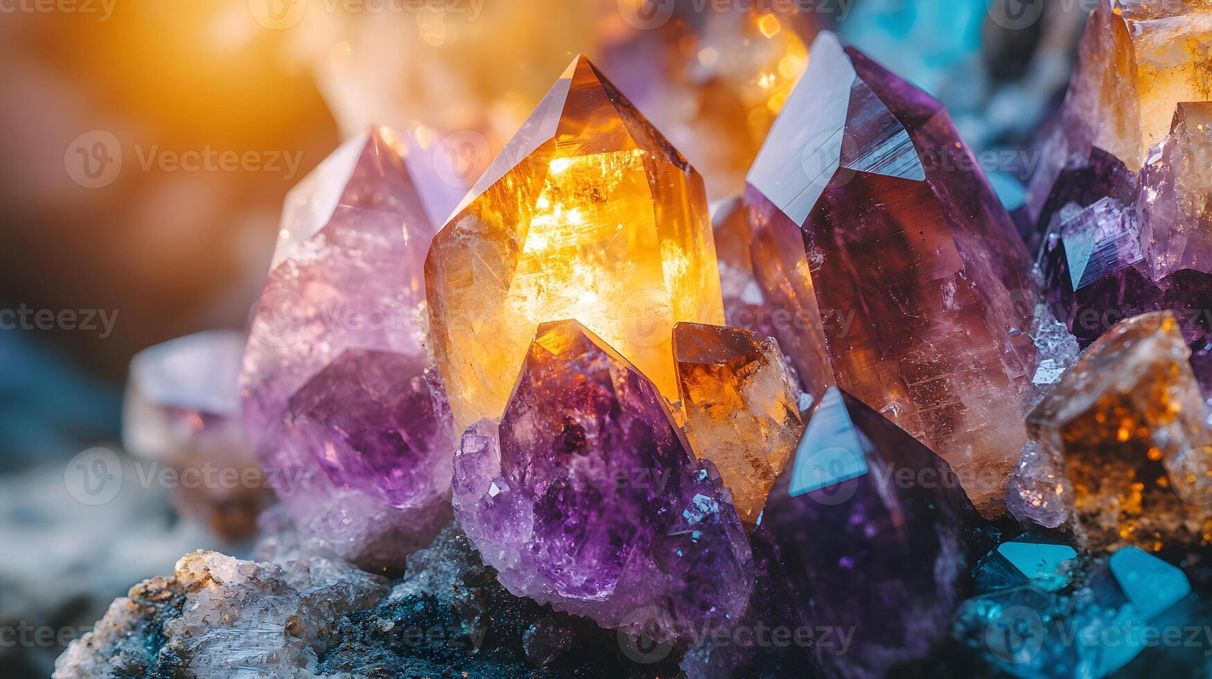 Crystal minerals display vibrant formations of amethyst, quartz, and citrine with natural light refraction, showcasing rough textures and iridescent surfaces in a mystical cluster arrangement. facet photo