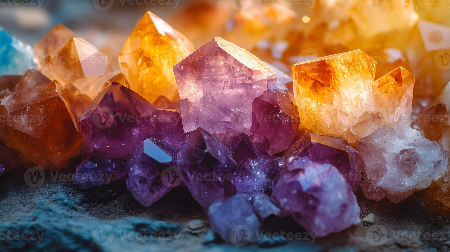 Crystal minerals display vibrant formations of amethyst, quartz, and citrine with natural light refraction, showcasing rough textures and iridescent surfaces in a mystical cluster arrangement. prism photo