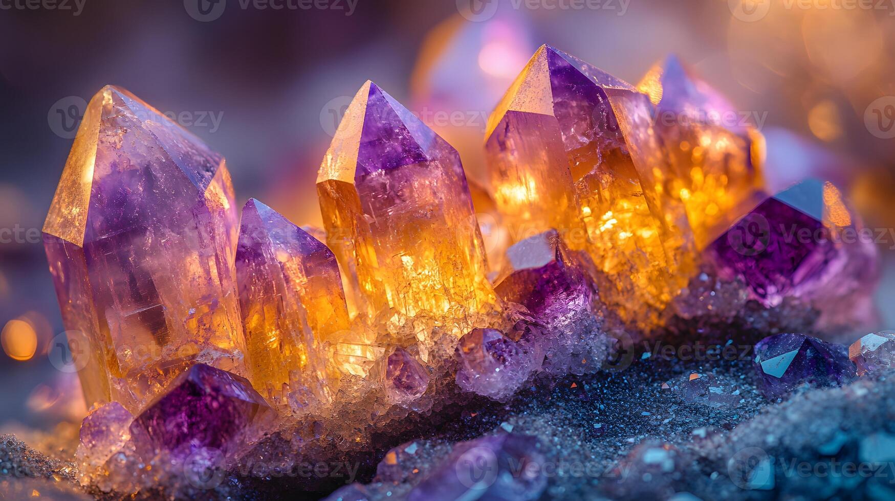 Crystal minerals display vibrant formations of amethyst, quartz, and citrine with natural light refraction, showcasing rough textures and iridescent surfaces in a mystical cluster arrangement. shimme photo