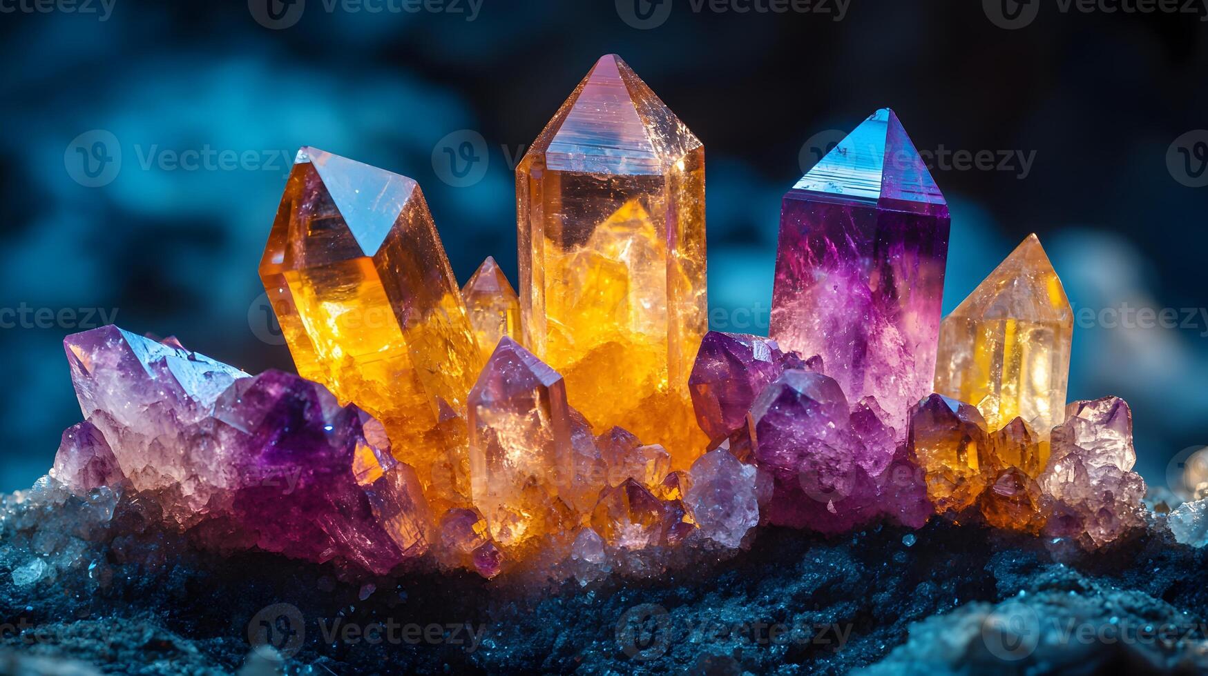 Crystal minerals display vibrant formations of amethyst, quartz, and citrine with natural light refraction, showcasing rough textures and iridescent surfaces in a mystical cluster arrangement. transl photo
