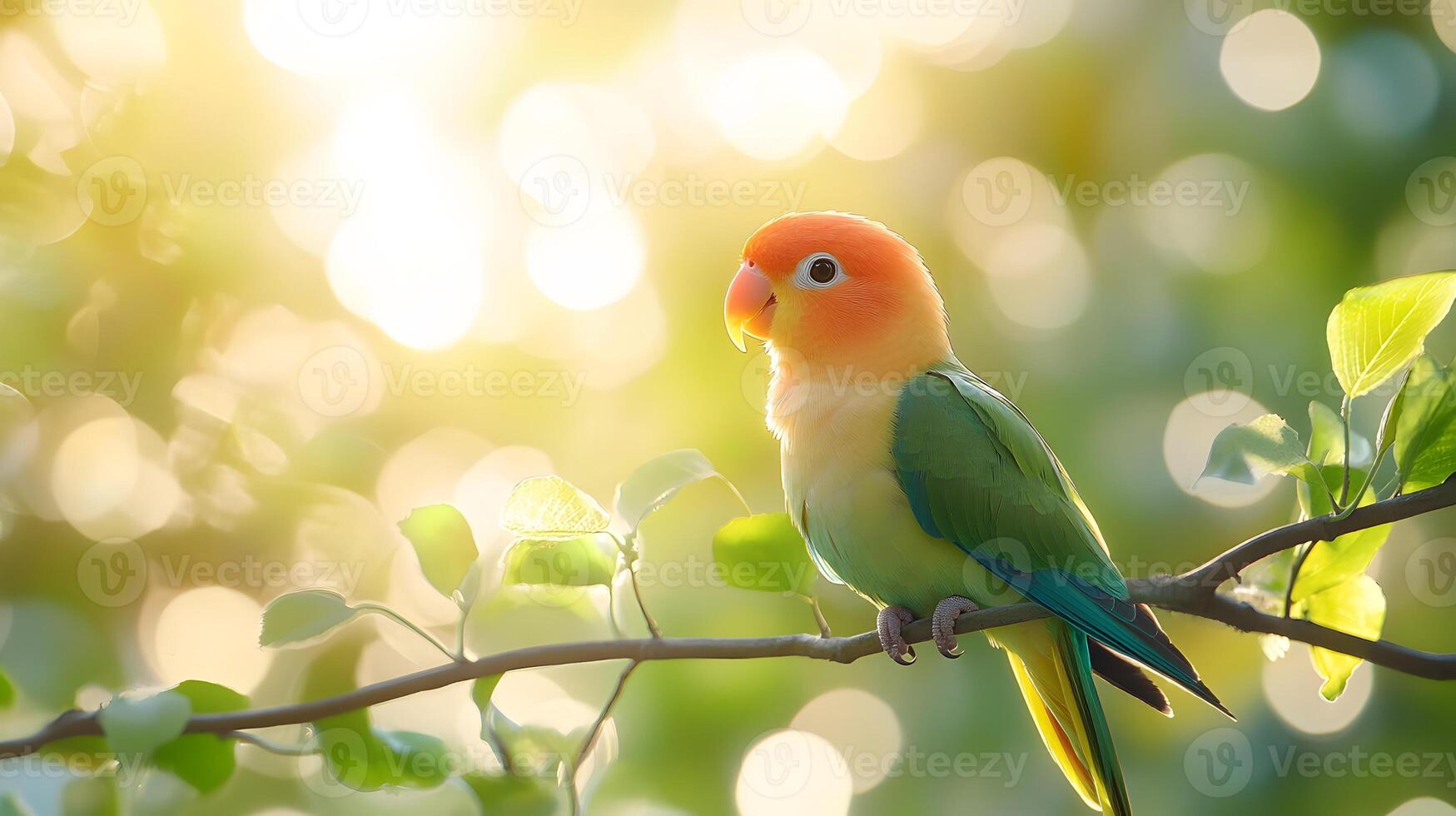 Lovebird parrot displays vibrant green feathers and yellow head while perched on branch, surrounded by fresh spring leaves and natural sunlight bokeh effect. head photo