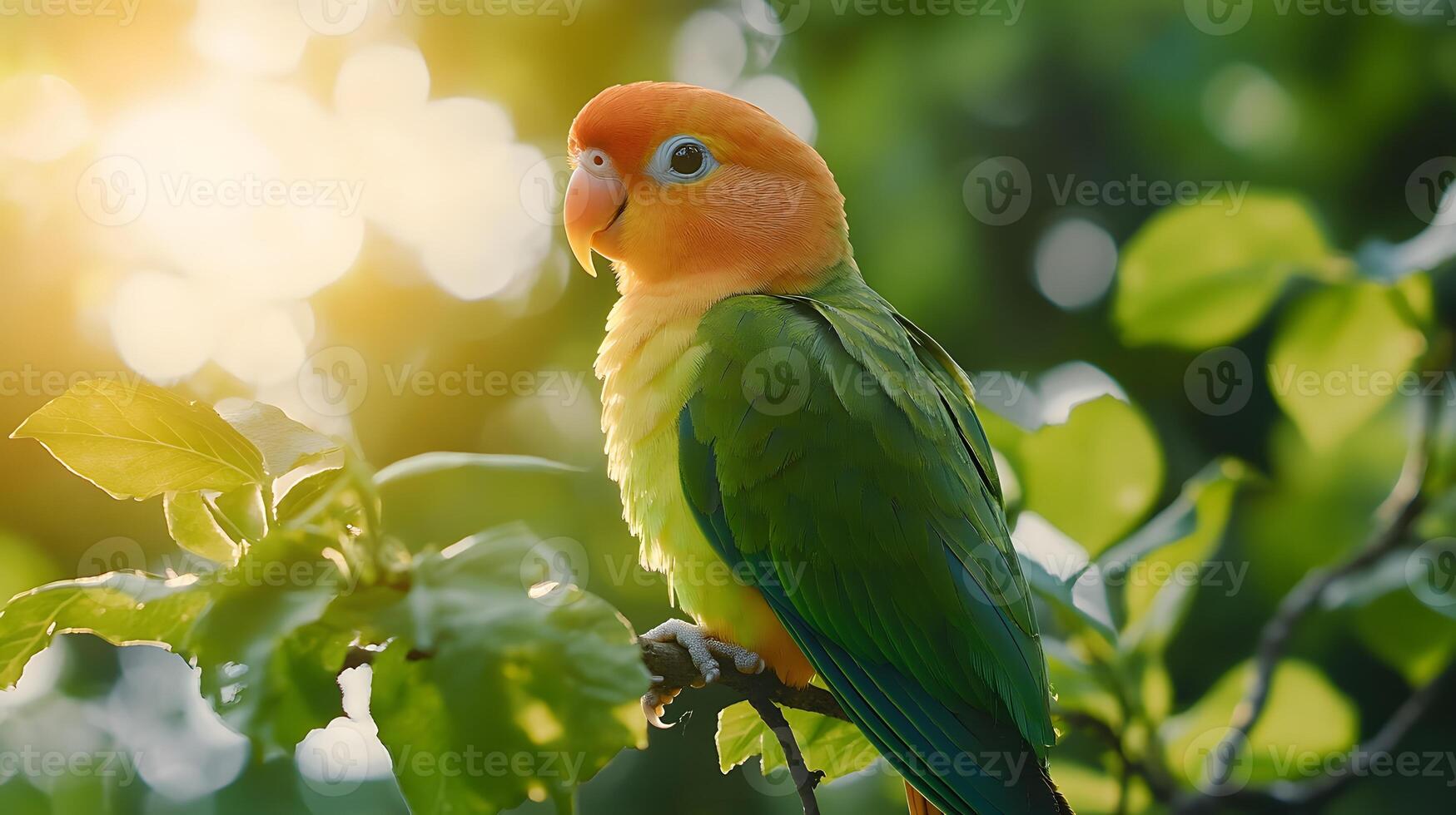 Lovebird parrot displays vibrant green feathers and yellow head while perched on branch, surrounded by fresh spring leaves and natural sunlight bokeh effect. bird photo
