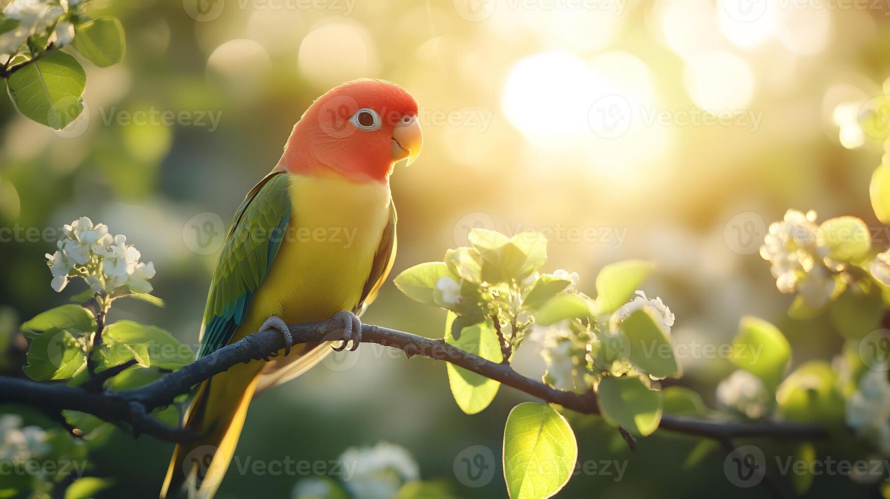 Lovebird parrot displays vibrant green feathers and yellow head while perched on branch, surrounded by fresh spring leaves and natural sunlight bokeh effect. tropical photo