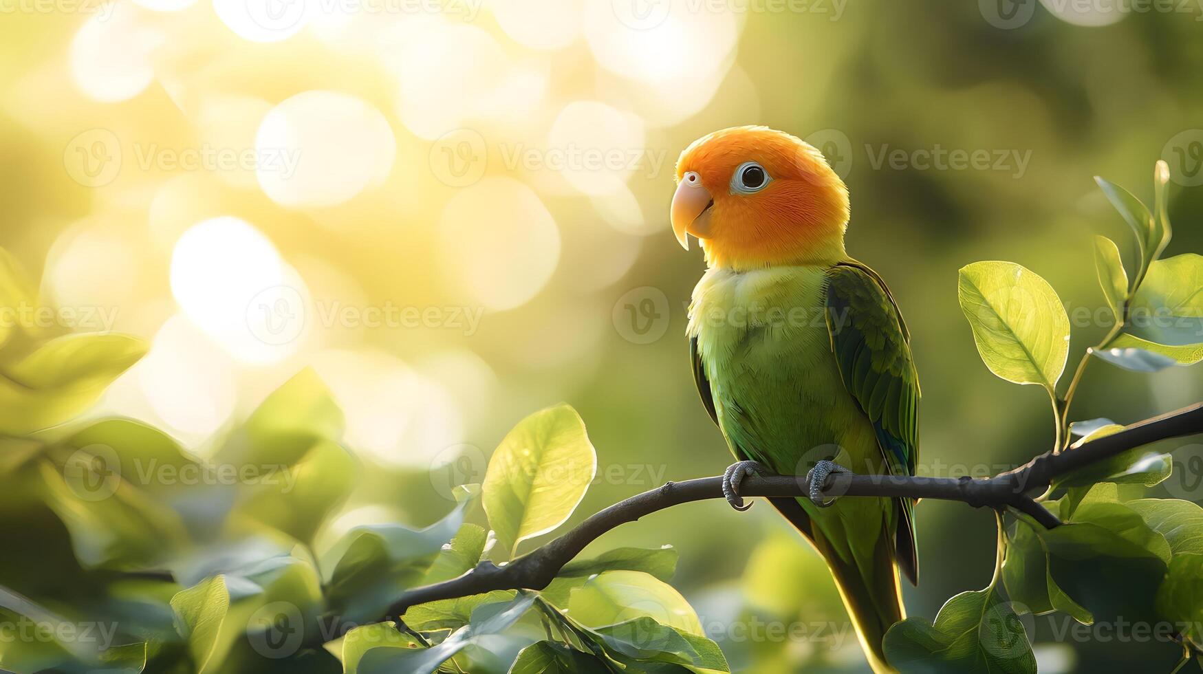 Lovebird parrot displays vibrant green feathers and yellow head while perched on branch, surrounded by fresh spring leaves and natural sunlight bokeh effect. vibrant photo