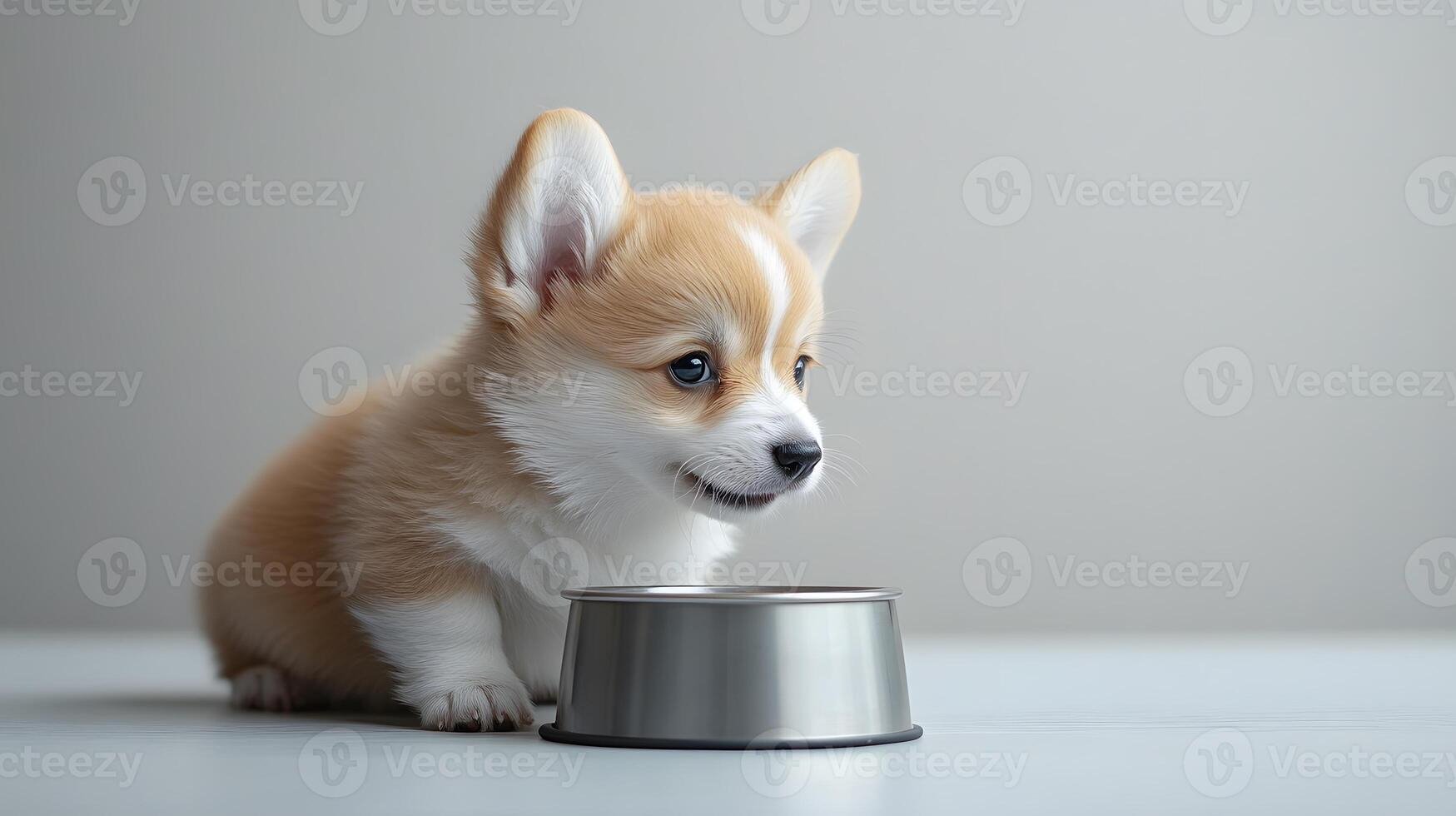 Corgi puppy exhibits light beige and white fur while eating from grey metal bowl, captured in side view against minimal white environment. fur photo