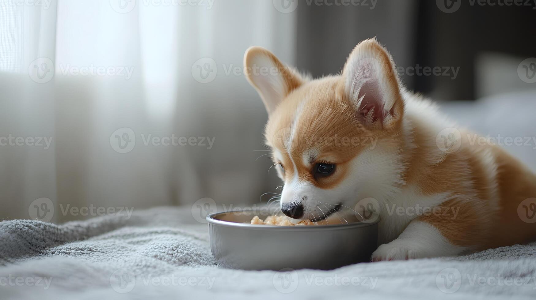 Corgi puppy exhibits light beige and white fur while eating from grey metal bowl, captured in side view against minimal white environment. side photo