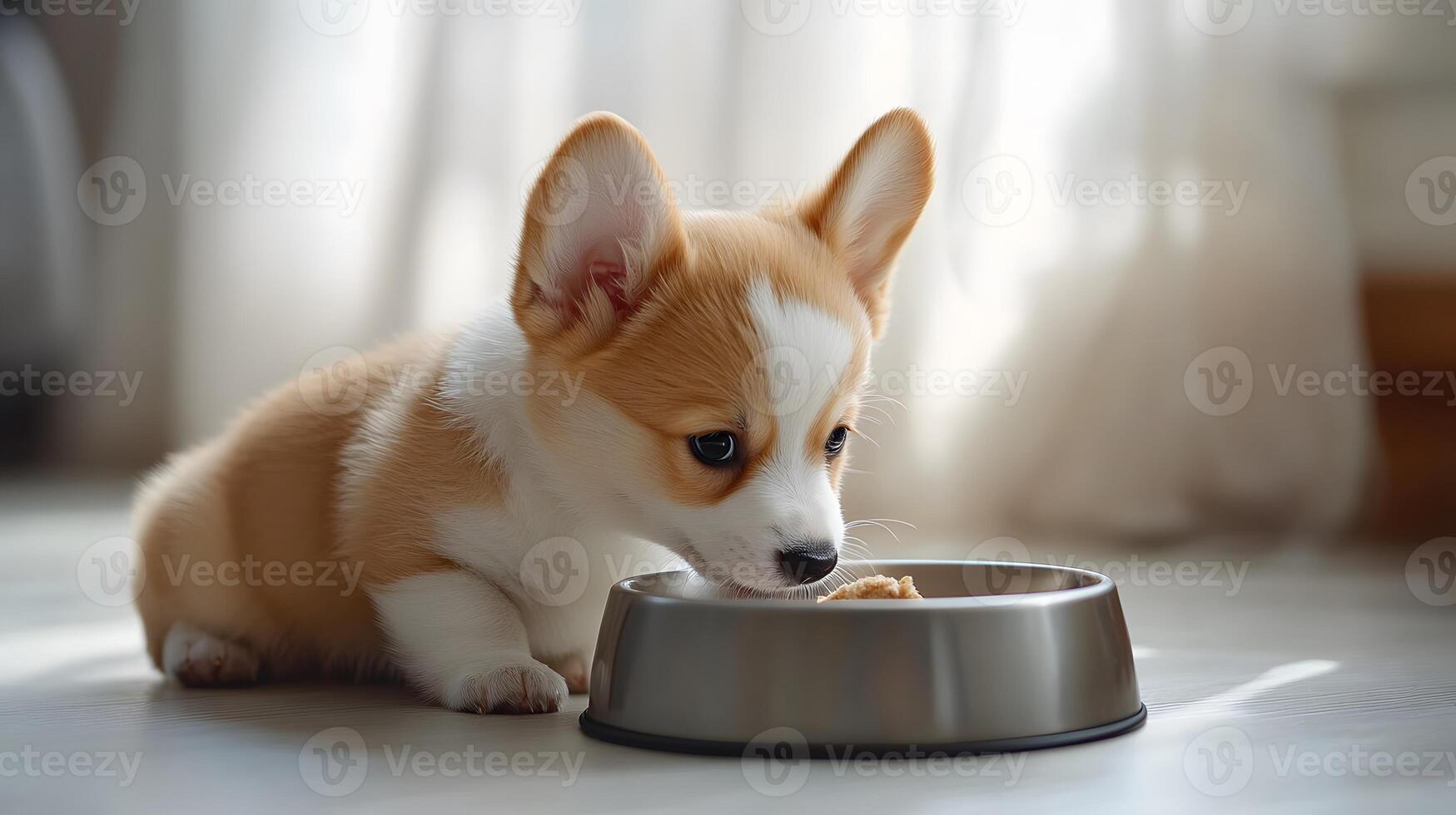 Corgi puppy exhibits light beige and white fur while eating from grey metal bowl, captured in side view against minimal white environment. view photo