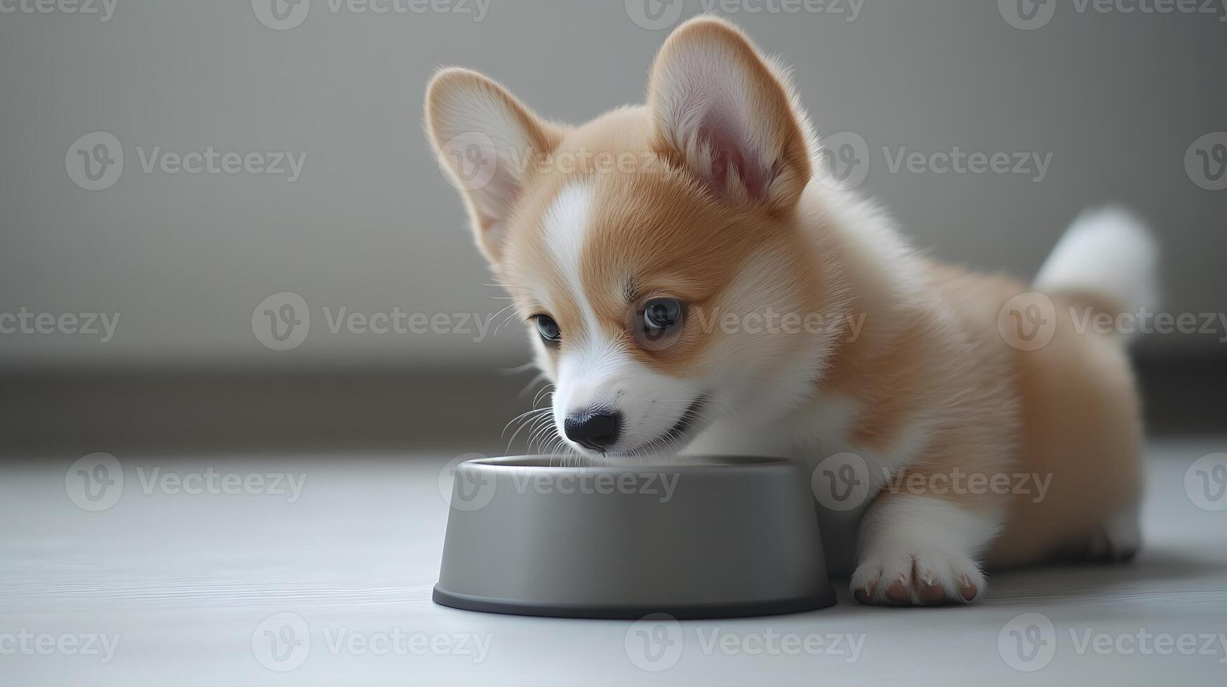 Corgi puppy exhibits light beige and white fur while eating from grey metal bowl, captured in side view against minimal white environment. metal photo