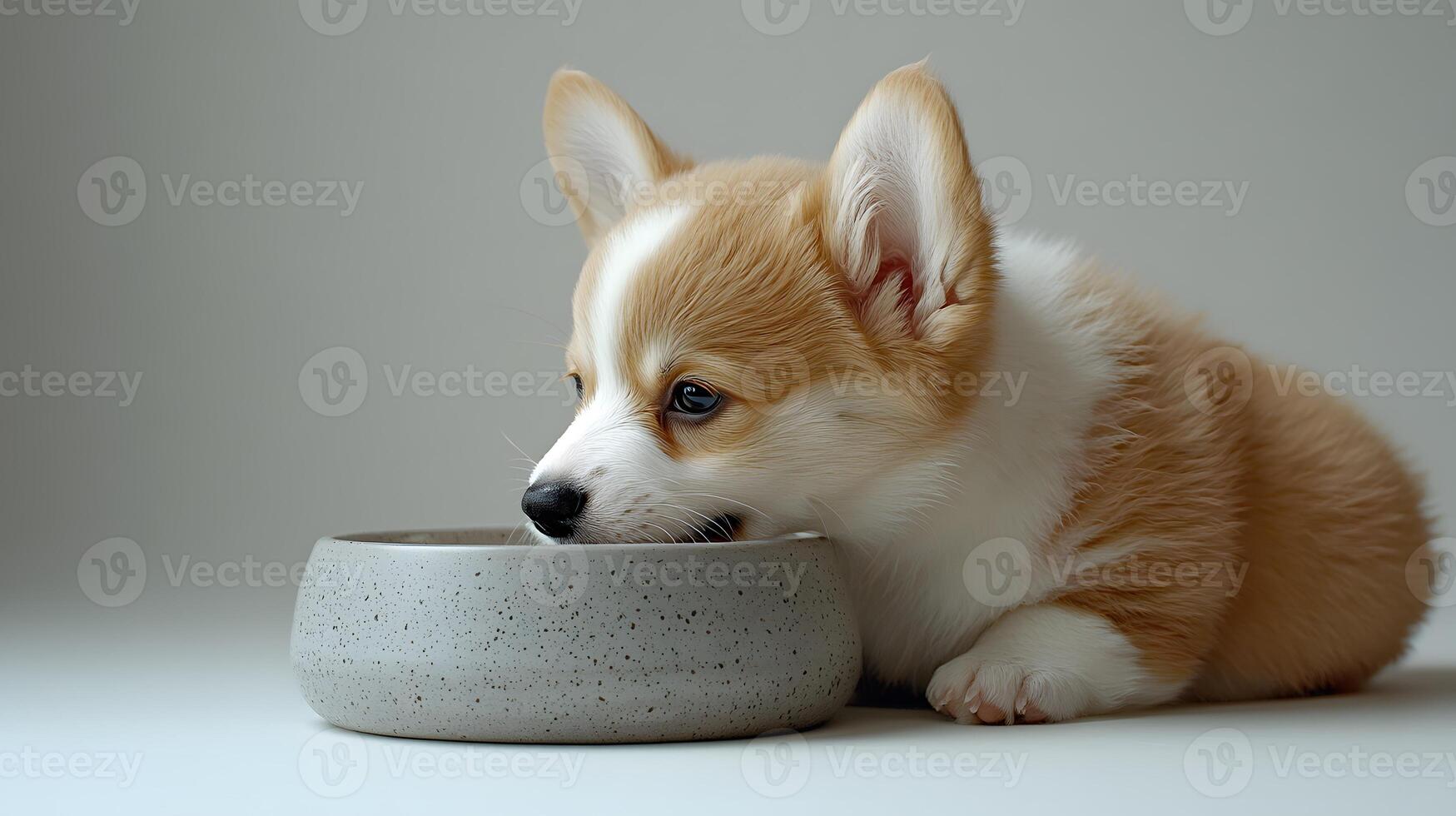 Corgi puppy exhibits light beige and white fur while eating from grey metal bowl, captured in side view against minimal white environment. pet photo