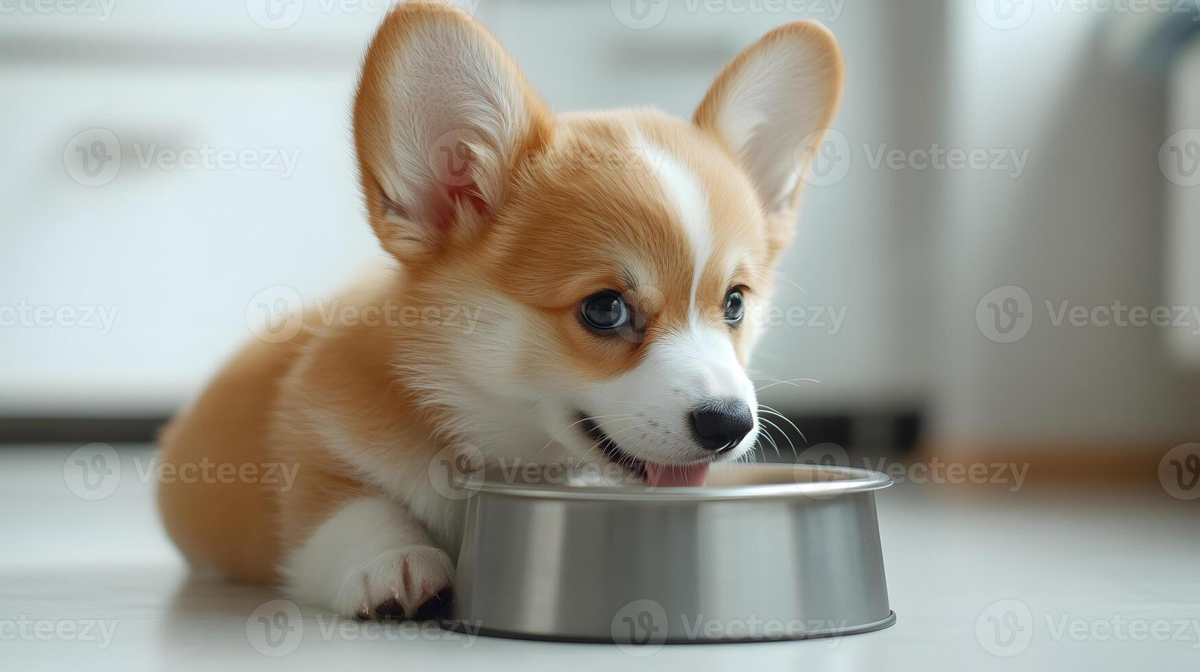 Corgi puppy exhibits light beige and white fur while eating from grey metal bowl, captured in side view against minimal white environment. canine photo