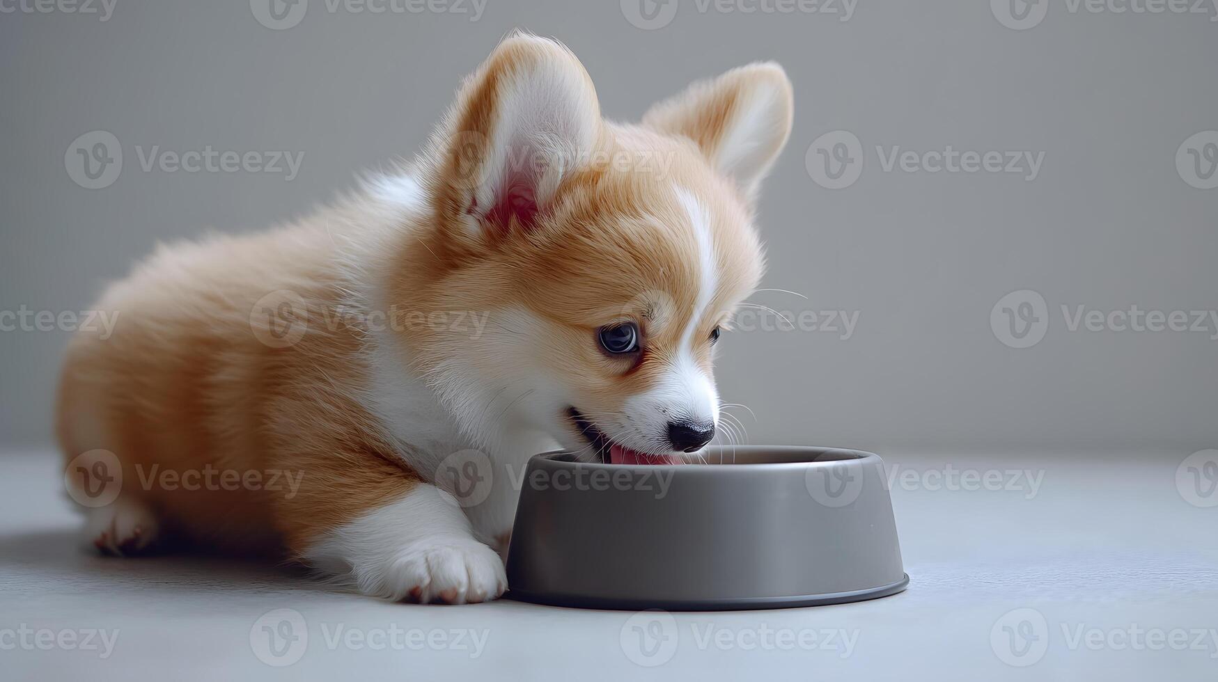 Corgi puppy exhibits light beige and white fur while eating from grey metal bowl, captured in side view against minimal white environment. friend photo