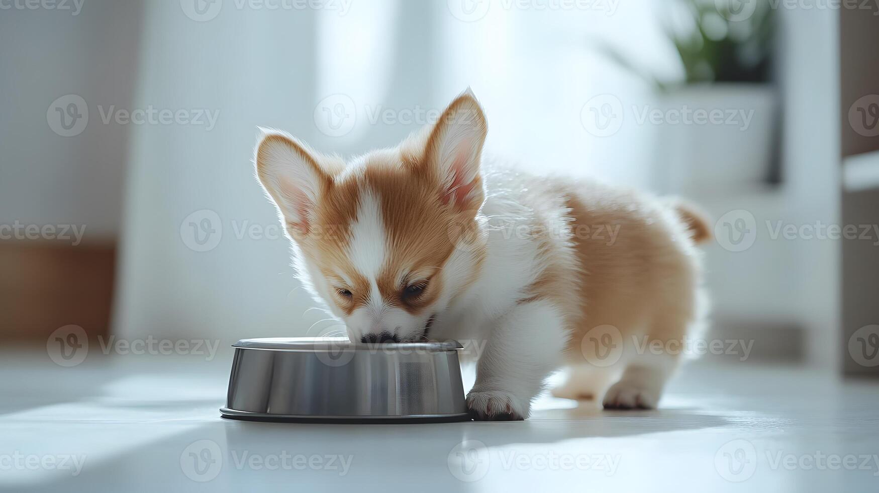 Corgi puppy exhibits light beige and white fur while eating from grey metal bowl, captured in side view against minimal white environment. domestic photo