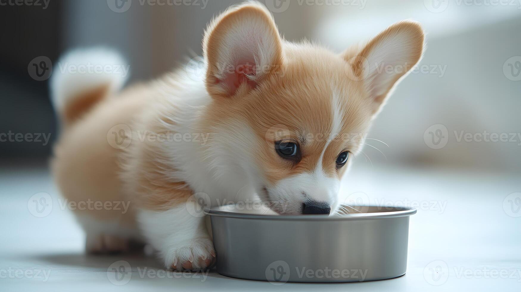 Corgi puppy exhibits light beige and white fur while eating from grey metal bowl, captured in side view against minimal white environment. breed photo