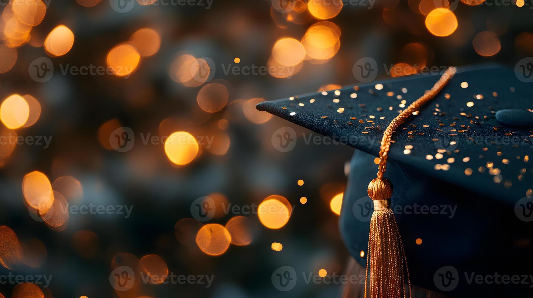 Graduation caps showcase golden tassels on black mortarboards with selective focus, creating celebratory atmosphere against warm bokeh background. excellence photo