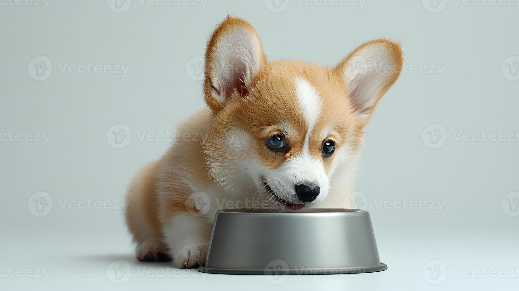 Corgi puppy exhibits light beige and white fur while eating from grey metal bowl, captured in side view against minimal white environment. pedigree photo