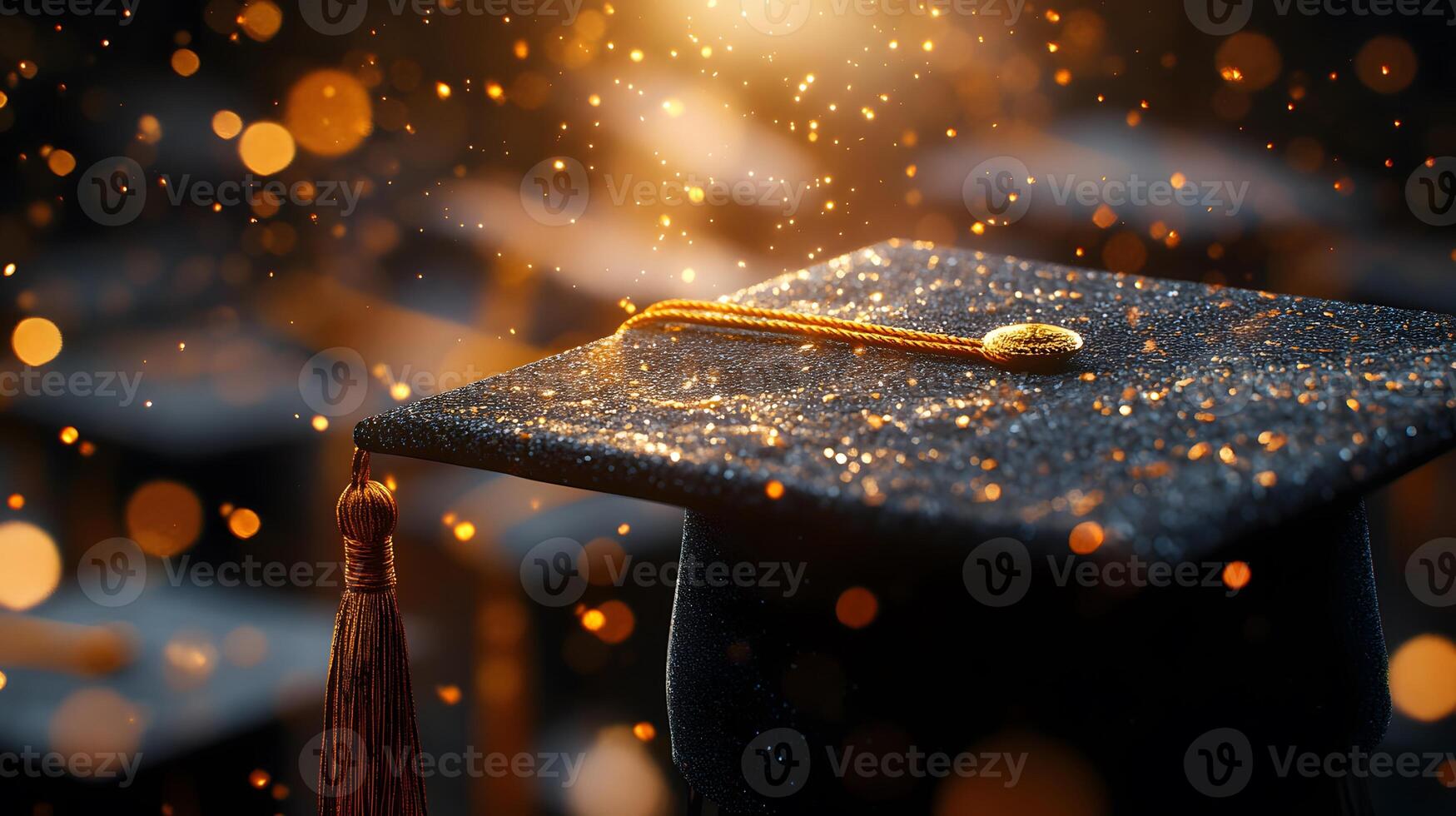 Graduation caps showcase golden tassels on black mortarboards with selective focus, creating celebratory atmosphere against warm bokeh background. graduation photo