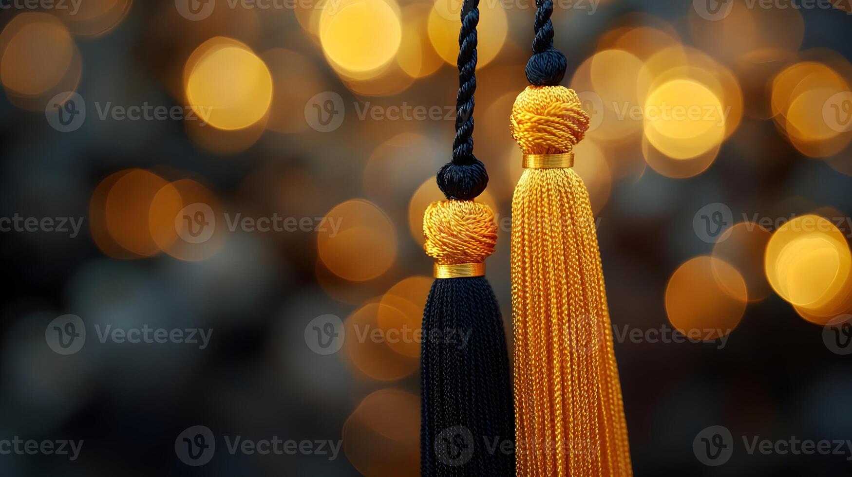Graduation caps showcase golden tassels on black mortarboards with selective focus, creating celebratory atmosphere against warm bokeh background. knowledge photo