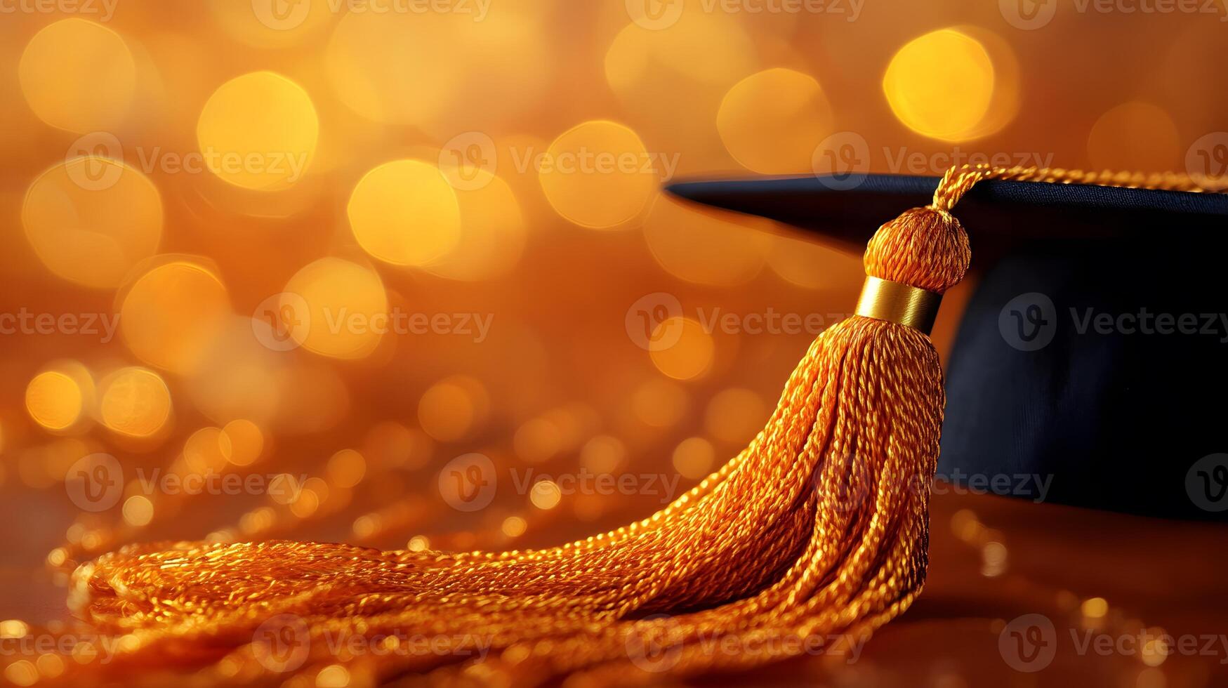 Graduation caps showcase golden tassels on black mortarboards with selective focus, creating celebratory atmosphere against warm bokeh background. golden photo