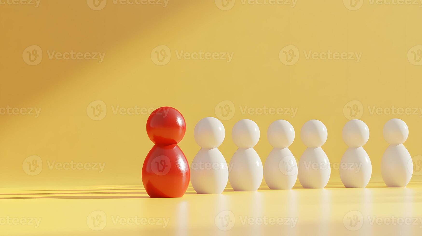 Minimalist wooden figures stand in row formation, featuring distinctive red figure among white ones against pale yellow background, illustrating leadership concept. standing photo