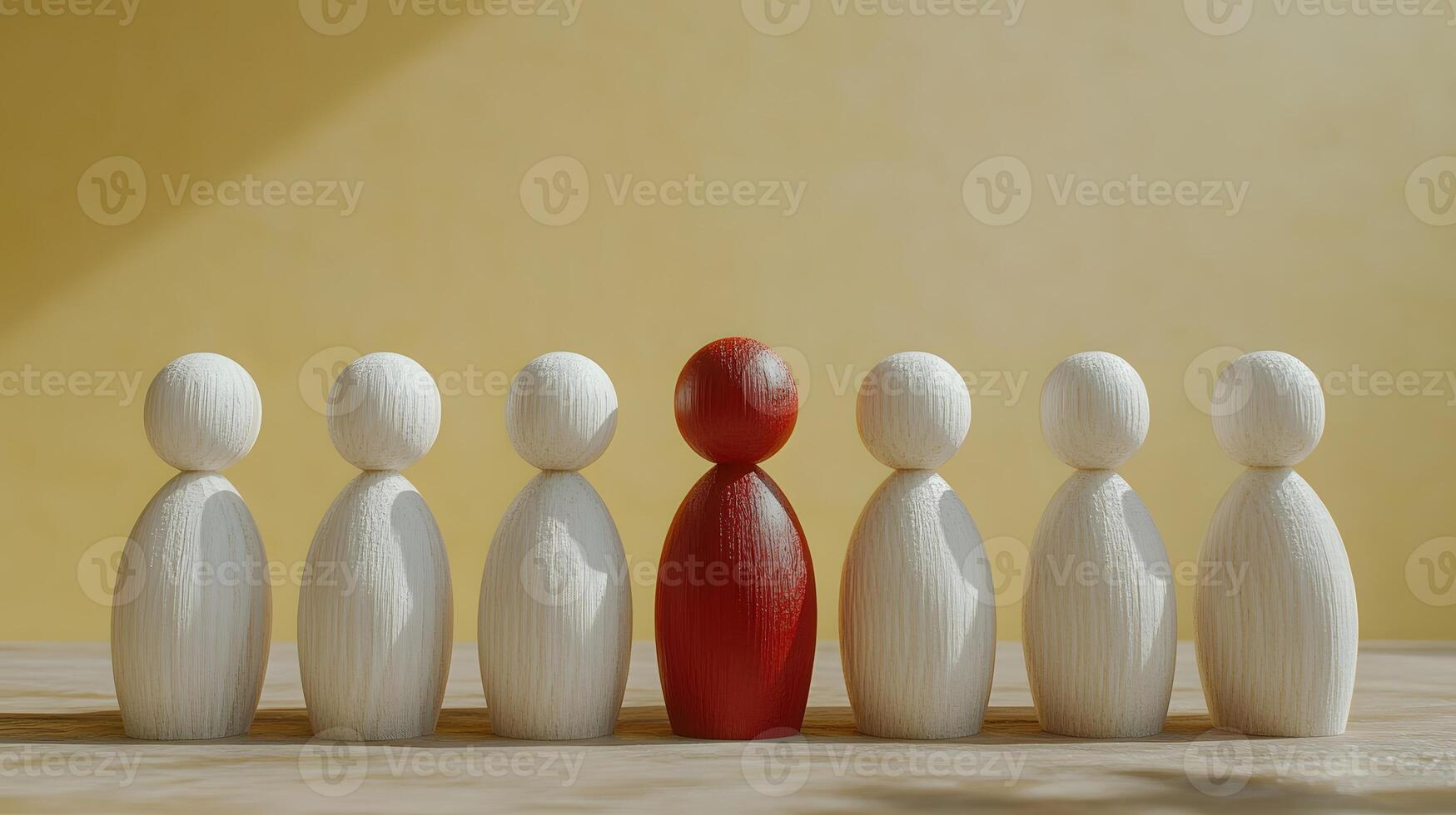 Minimalist wooden figures stand in row formation, featuring distinctive red figure among white ones against pale yellow background, illustrating leadership concept. organized photo