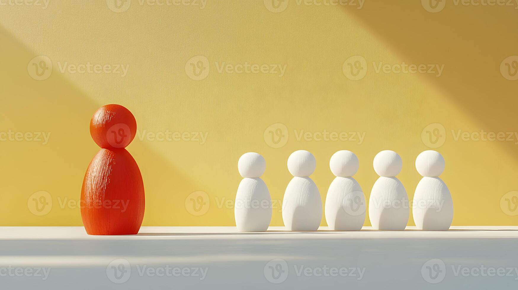 Minimalist wooden figures stand in row formation, featuring distinctive red figure among white ones against pale yellow background, illustrating leadership concept. symbolic photo