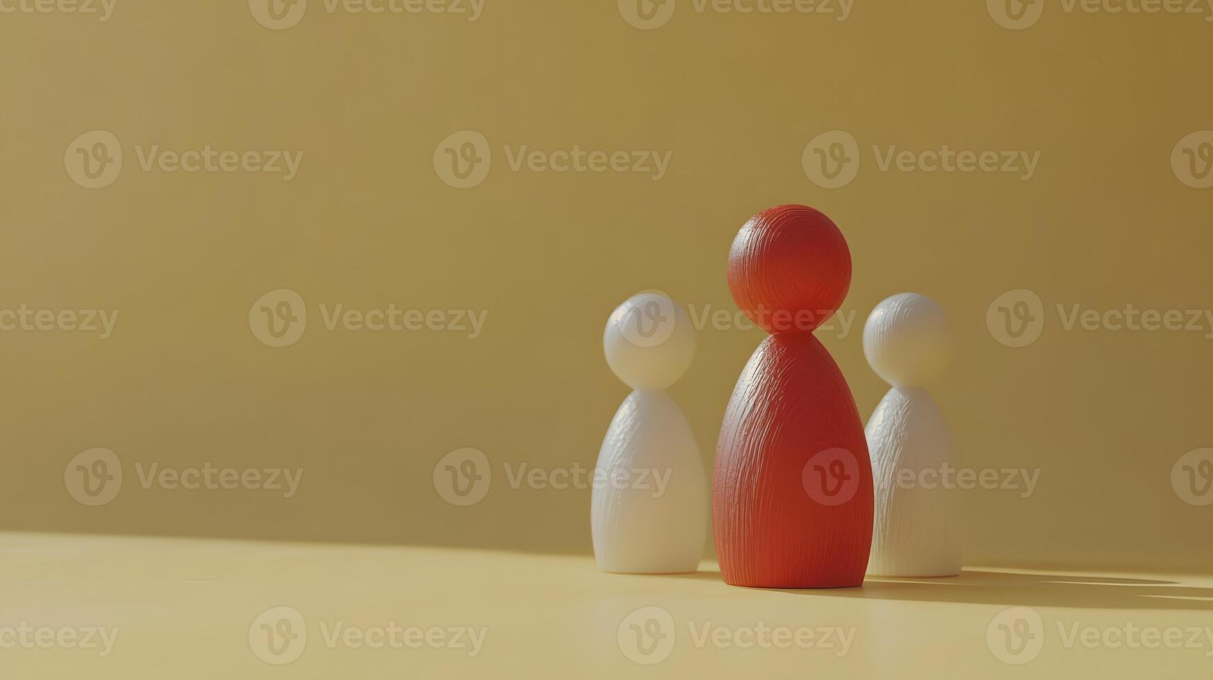 Minimalist wooden figures stand in row formation, featuring distinctive red figure among white ones against pale yellow background, illustrating leadership concept. conceptual photo