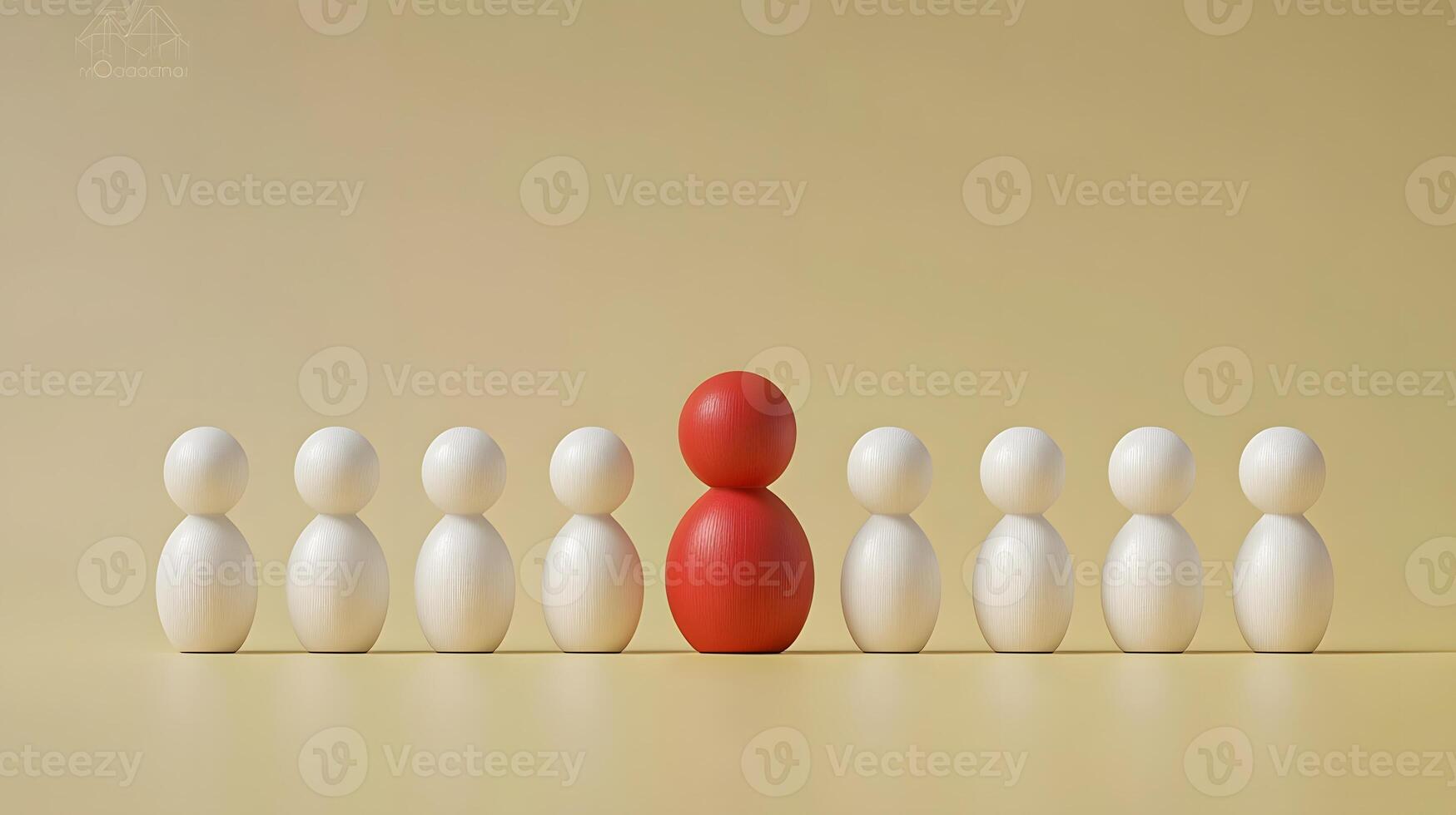 Minimalist wooden figures stand in row formation, featuring distinctive red figure among white ones against pale yellow background, illustrating leadership concept. illustrative photo