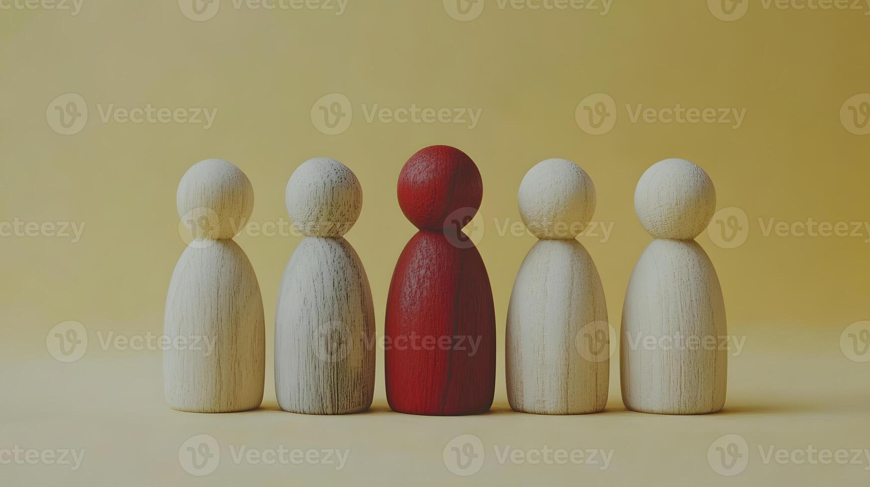 Minimalist wooden figures stand in row formation, featuring distinctive red figure among white ones against pale yellow background, illustrating leadership concept. metaphoric photo
