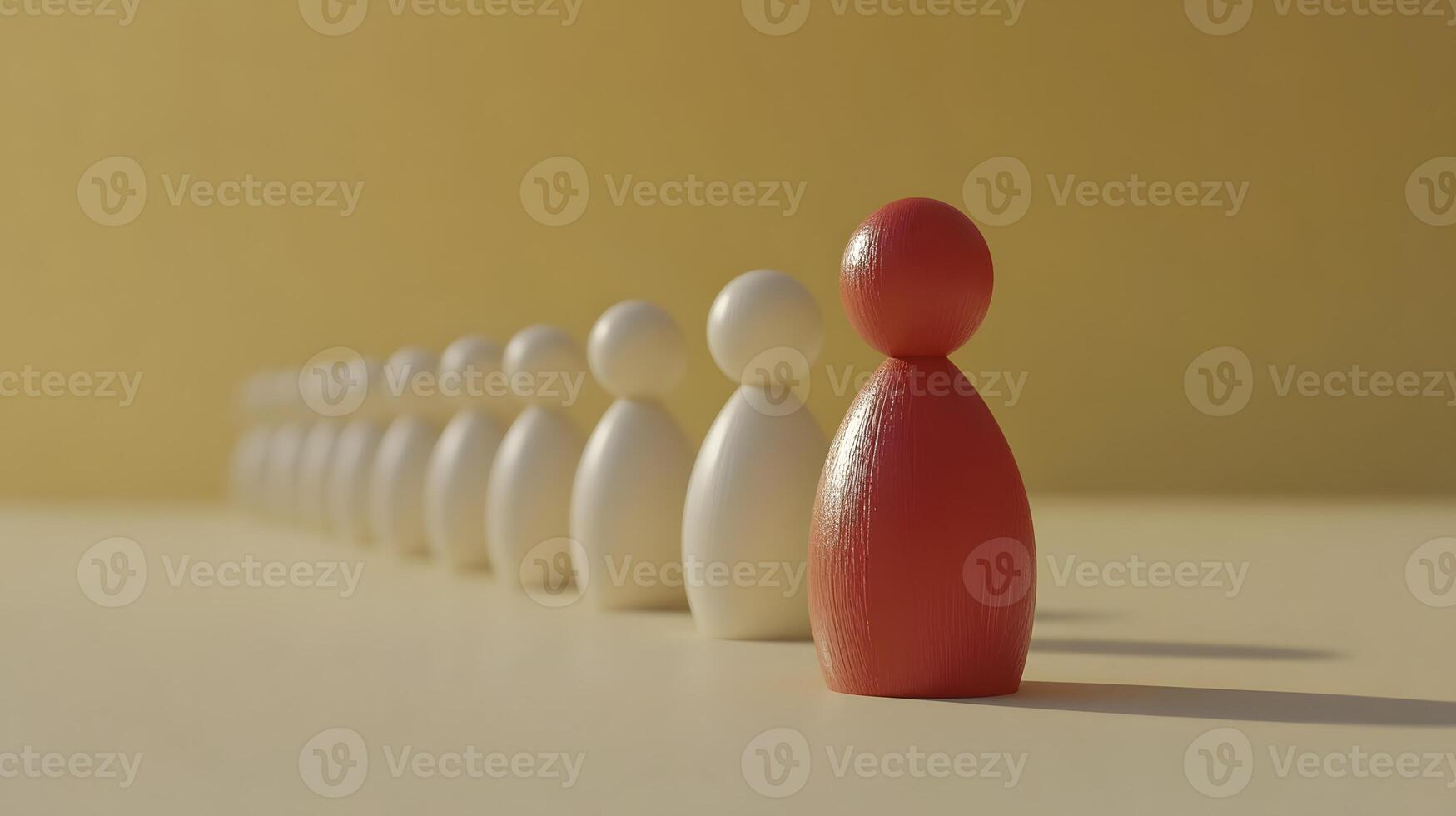 Minimalist wooden figures stand in row formation, featuring distinctive red figure among white ones against pale yellow background, illustrating leadership concept. distinctive photo